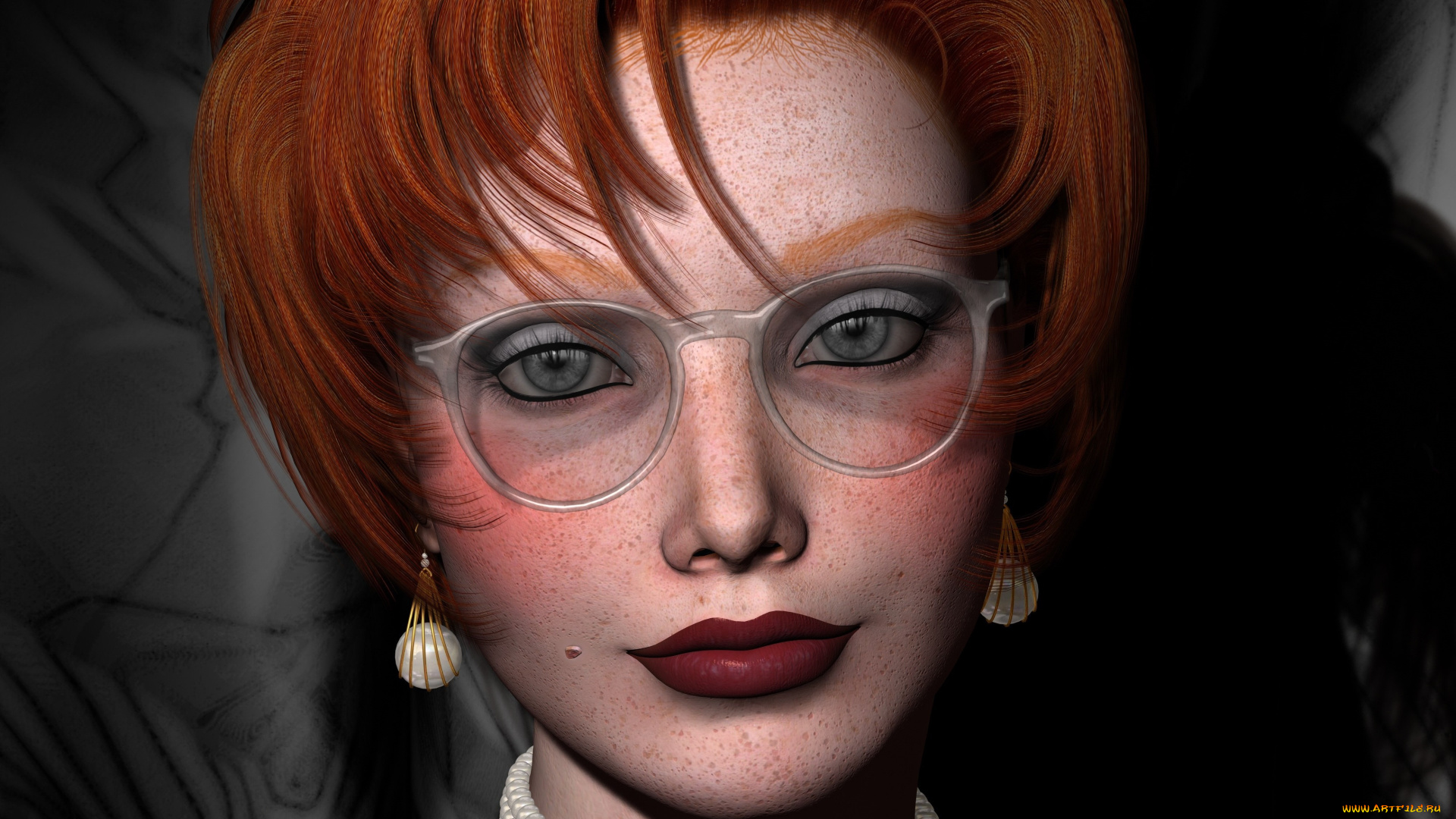 3д, графика, портрет, , portraits, рыжая, фон, взгляд, девушка