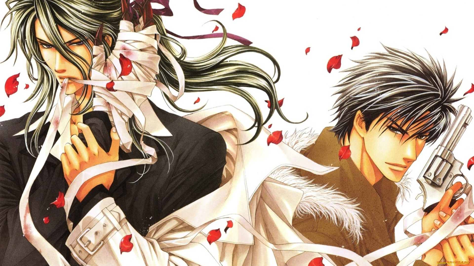 аниме, blood, , лепестки, револьвер, бинты, кровь, плащ, парни, hagi