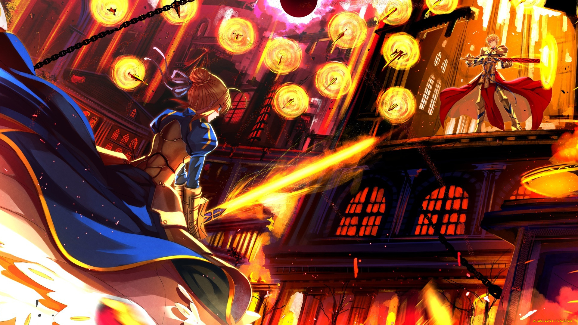 аниме, fate, stay, night, оружие, saber, gilgamesh, меч, парень, девушка