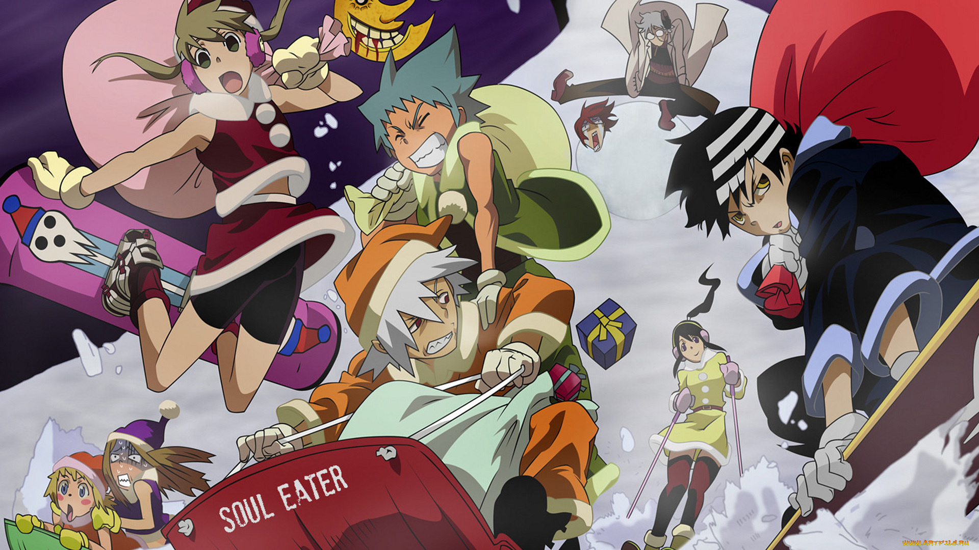 аниме, soul, eater, люди, гора, снег, зима, спуск, скорость