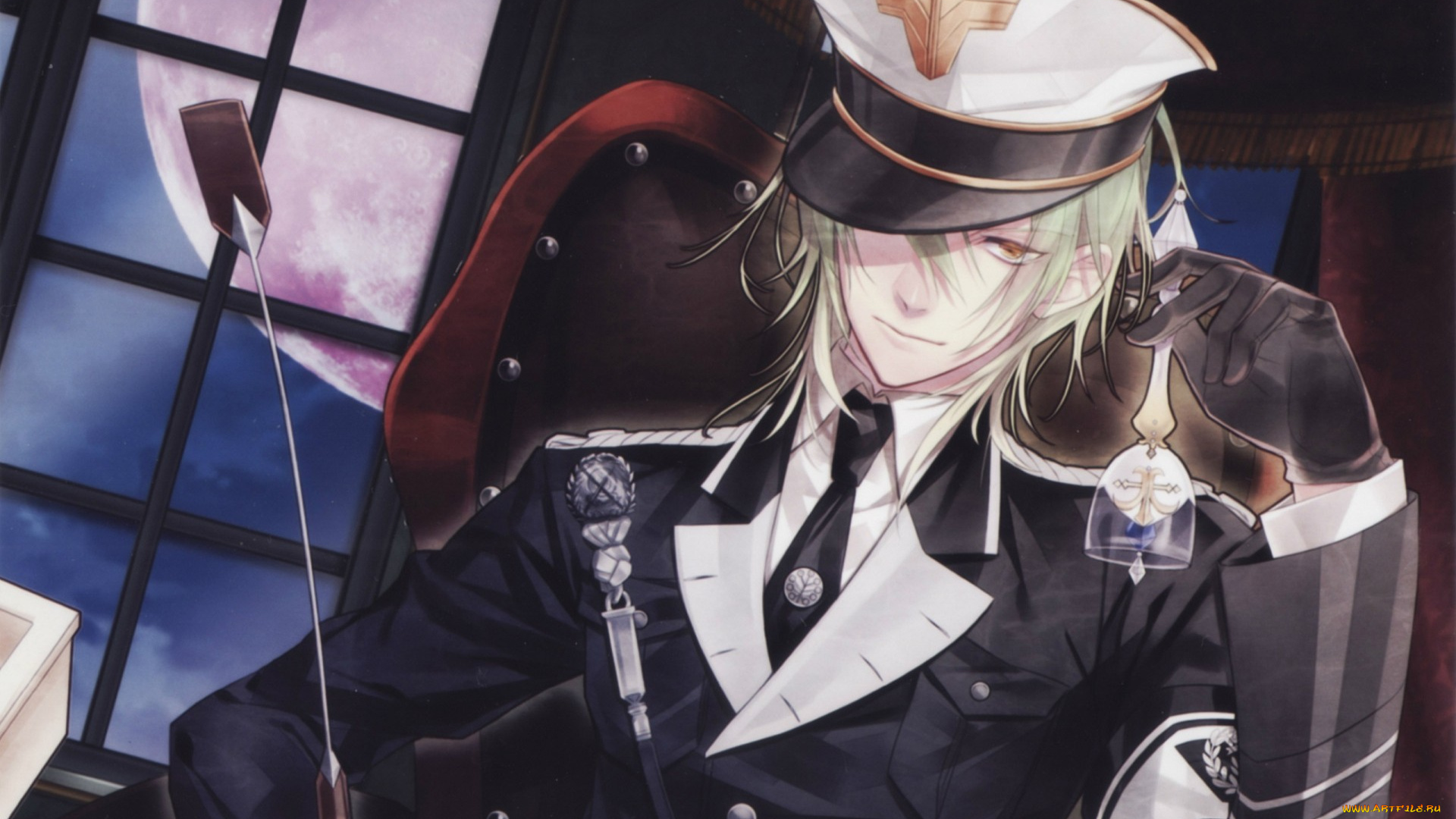 аниме, unknown, , другое, art, nagaoka, kannu, jikan, парень, военная, форма, погоны, хлыст, фуражка, перчатки, кресло, окно, луна