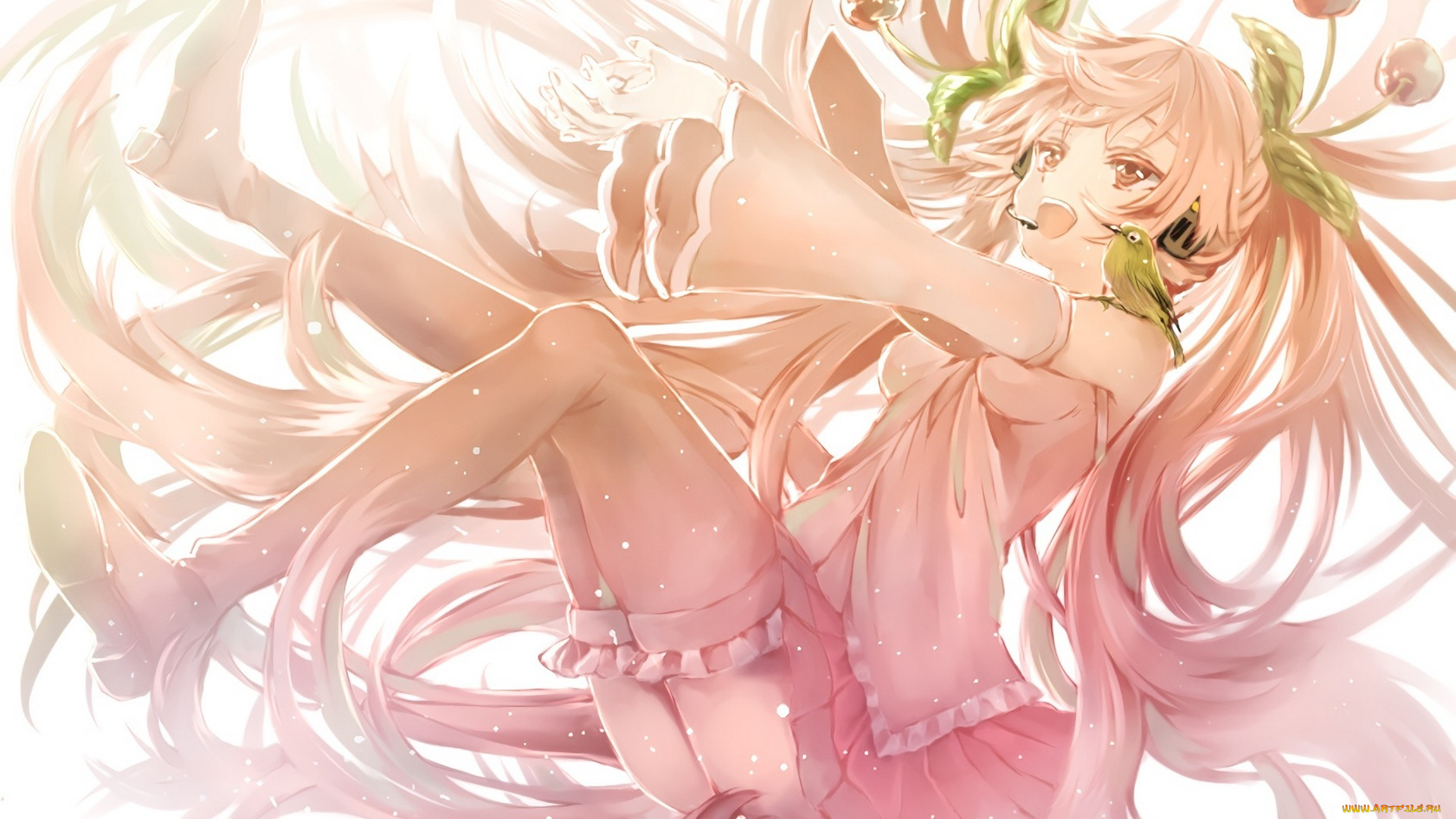 аниме, vocaloid, волосы, микрофон, птичка, наушники, вишенки, девушка, sakura, miku, арт