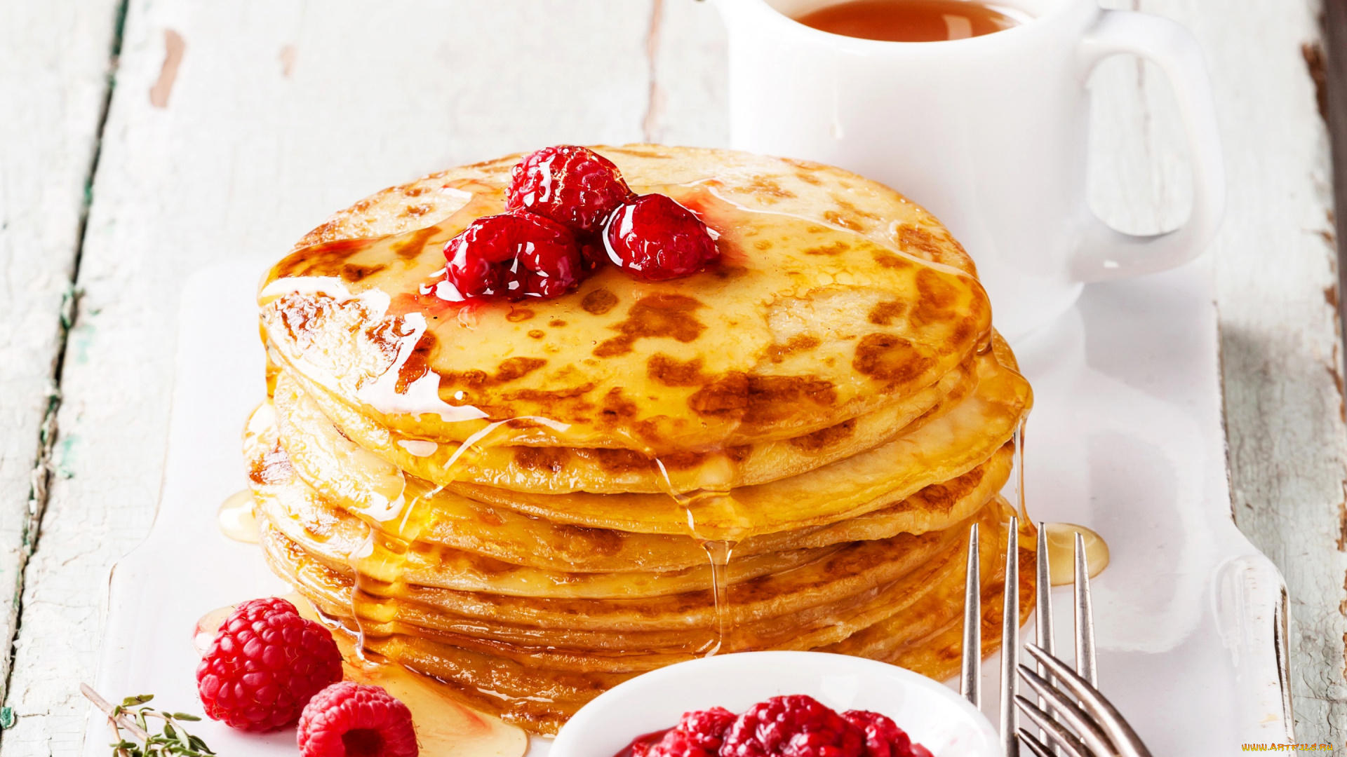 еда, блины, , оладьи, pancake, raspberry, jam, tea, блинчики, варенье, малина, чай