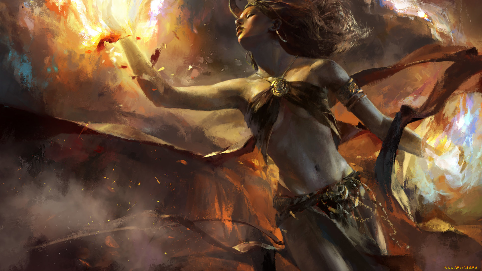 фэнтези, демоны, демонесса, огонь, рога, демоница, арт, фантастика