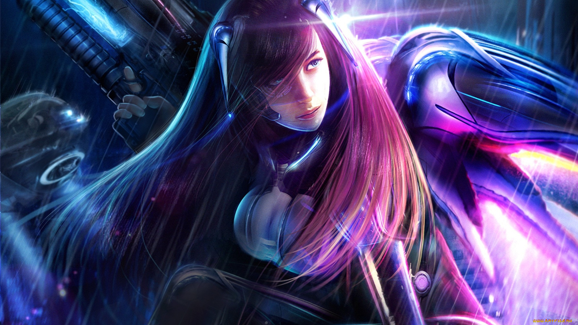 фэнтези, девушки, девушка, оружие, автомат, крылья, дождь