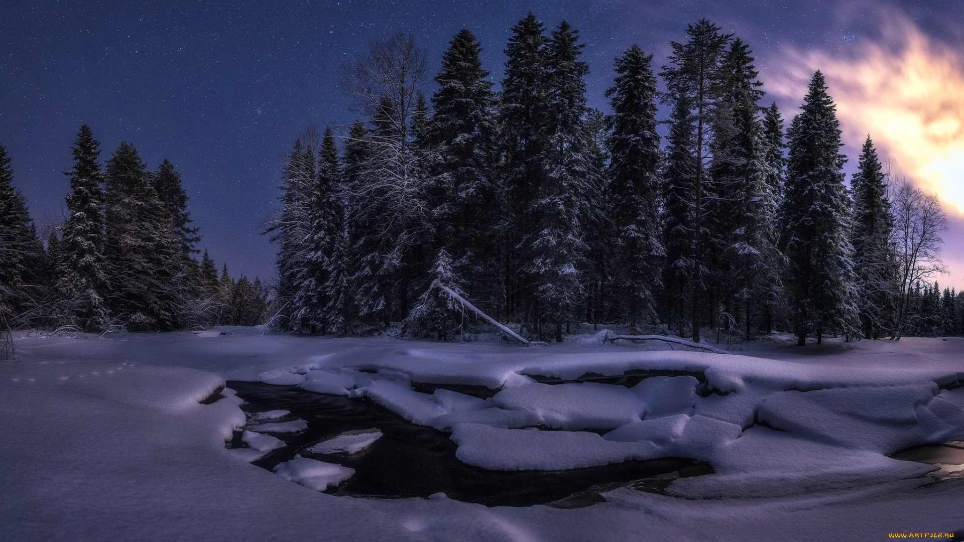 природа, зима, ночь, снег