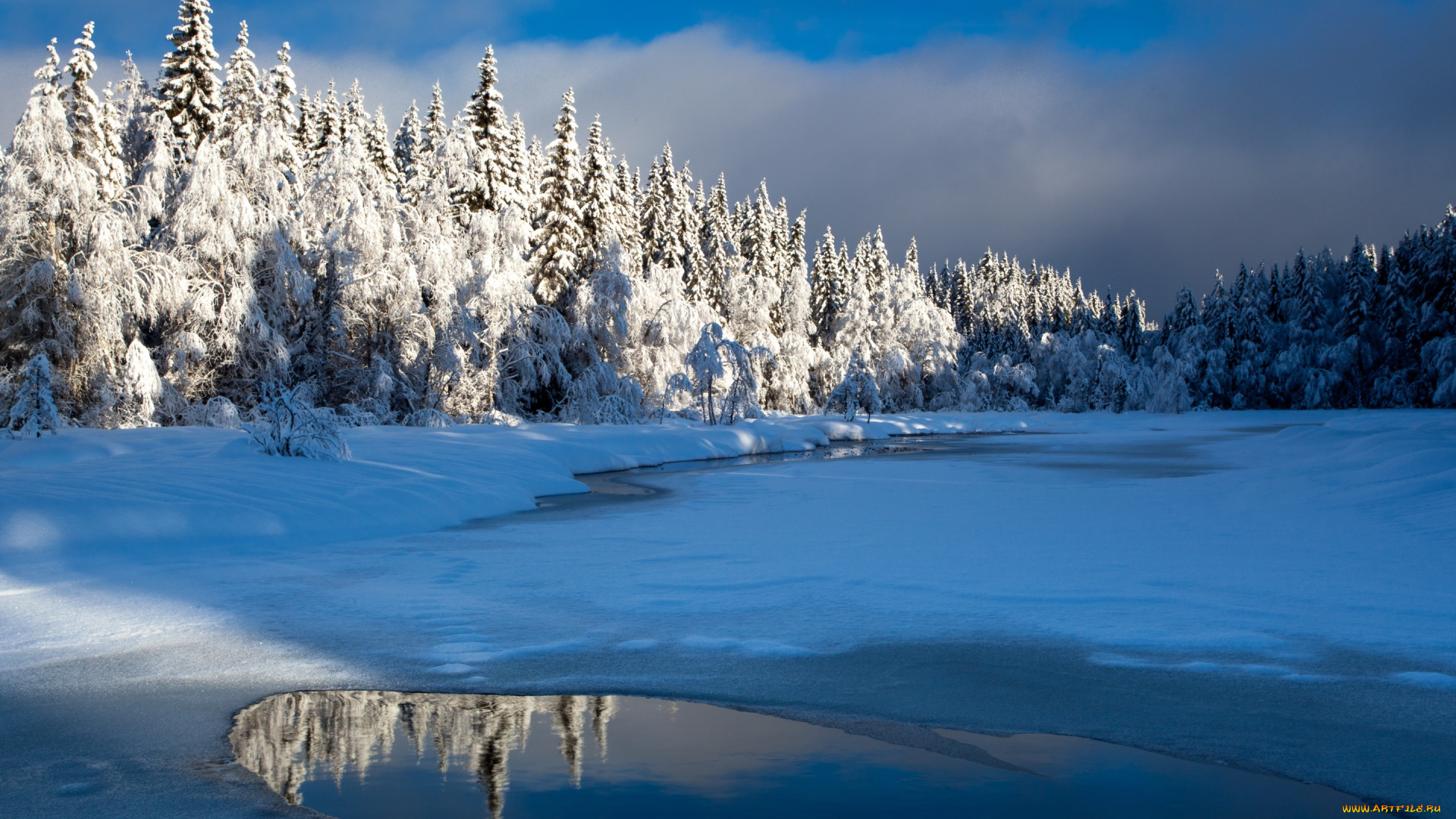 природа, зима, озеро, снег