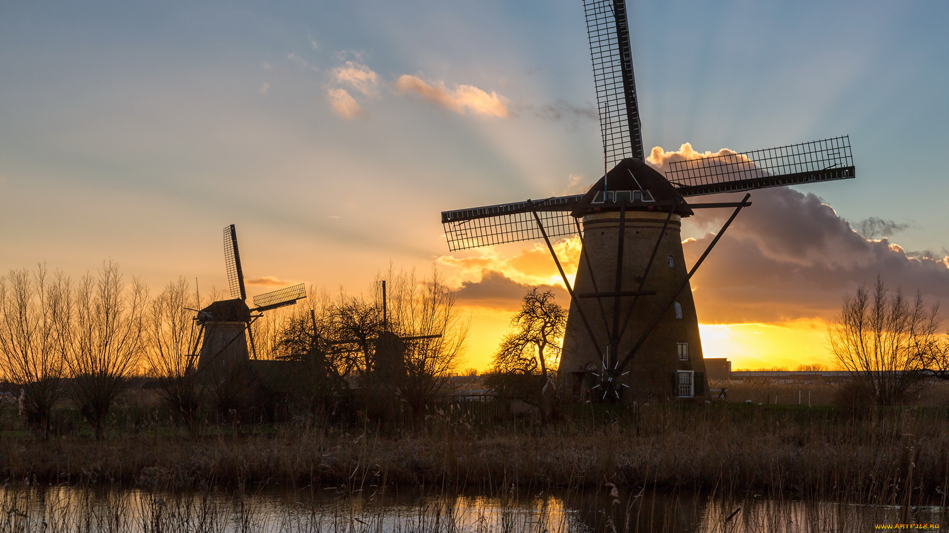 разное, мельницы, река, закат