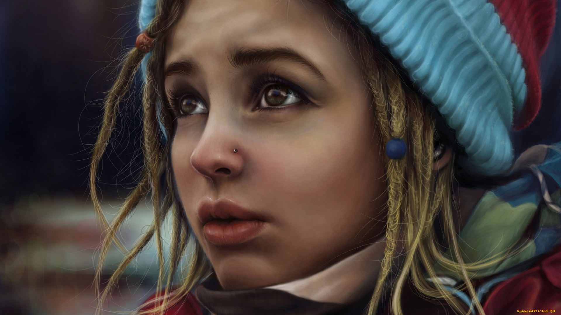 рисованное, люди, лицо, шапка, девушка, пирсинг, взгляд, дреды, арт