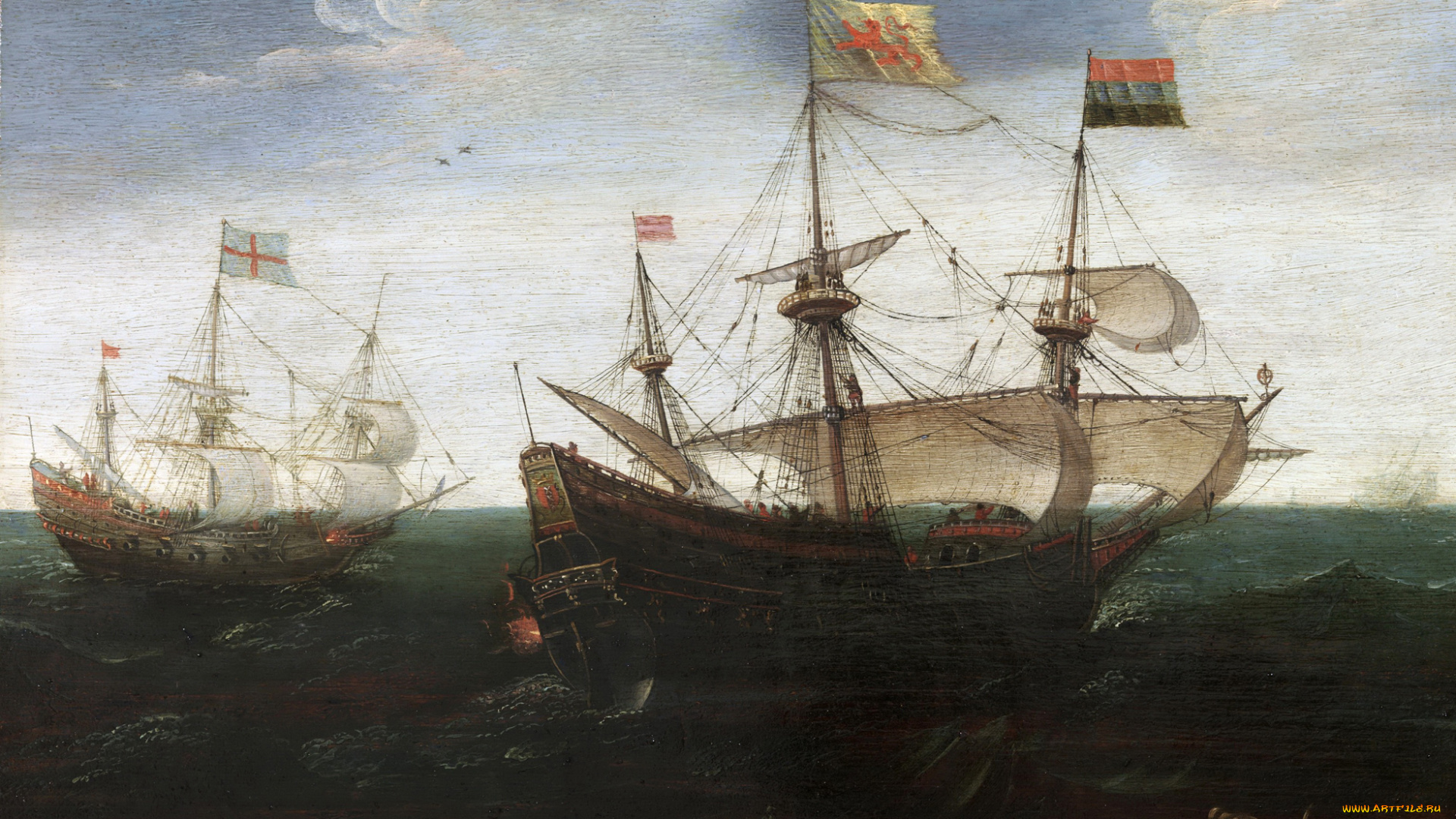 рисованное, живопись, флаг, парус, корабль, морской, пейзаж, картина, бой