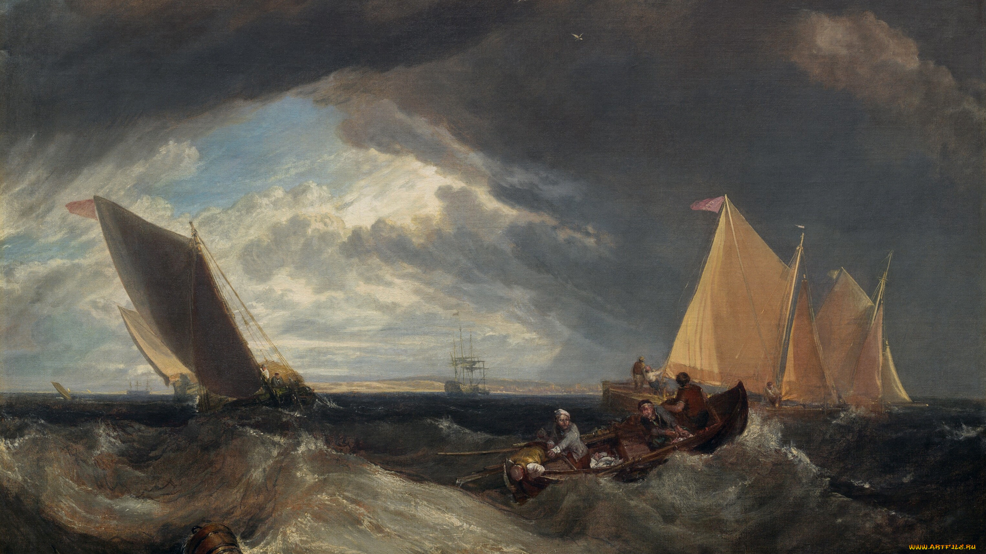 рисованное, живопись, пейзаж, река, лодка, парус