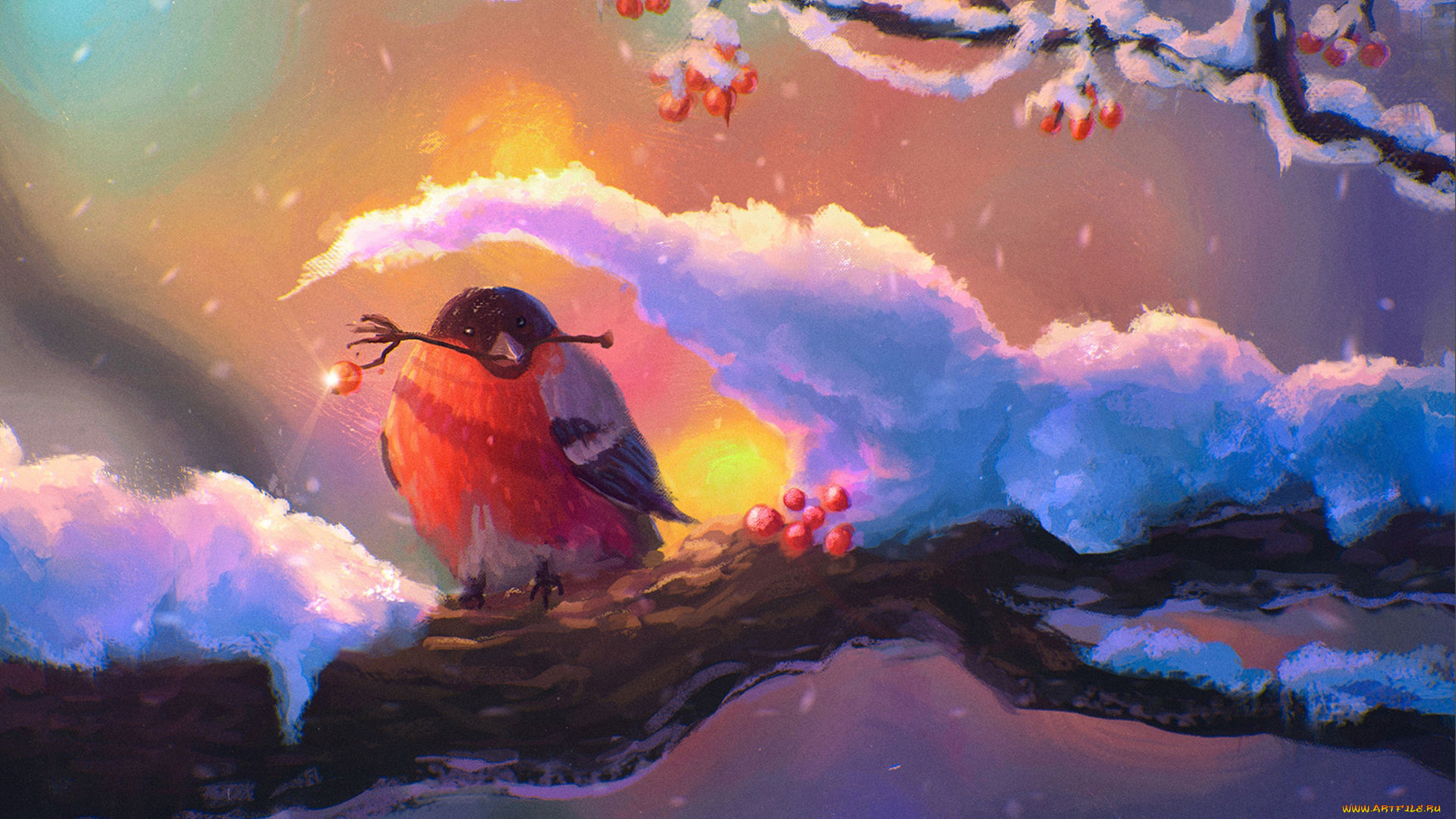 рисованное, животные, , птицы, дерево, зима, рябина, снег, птица, арт, снегирь, ветка