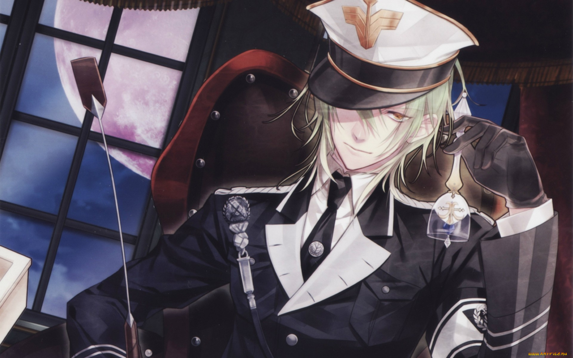 аниме, unknown, , другое, art, nagaoka, kannu, jikan, парень, военная, форма, погоны, хлыст, фуражка, перчатки, кресло, окно, луна