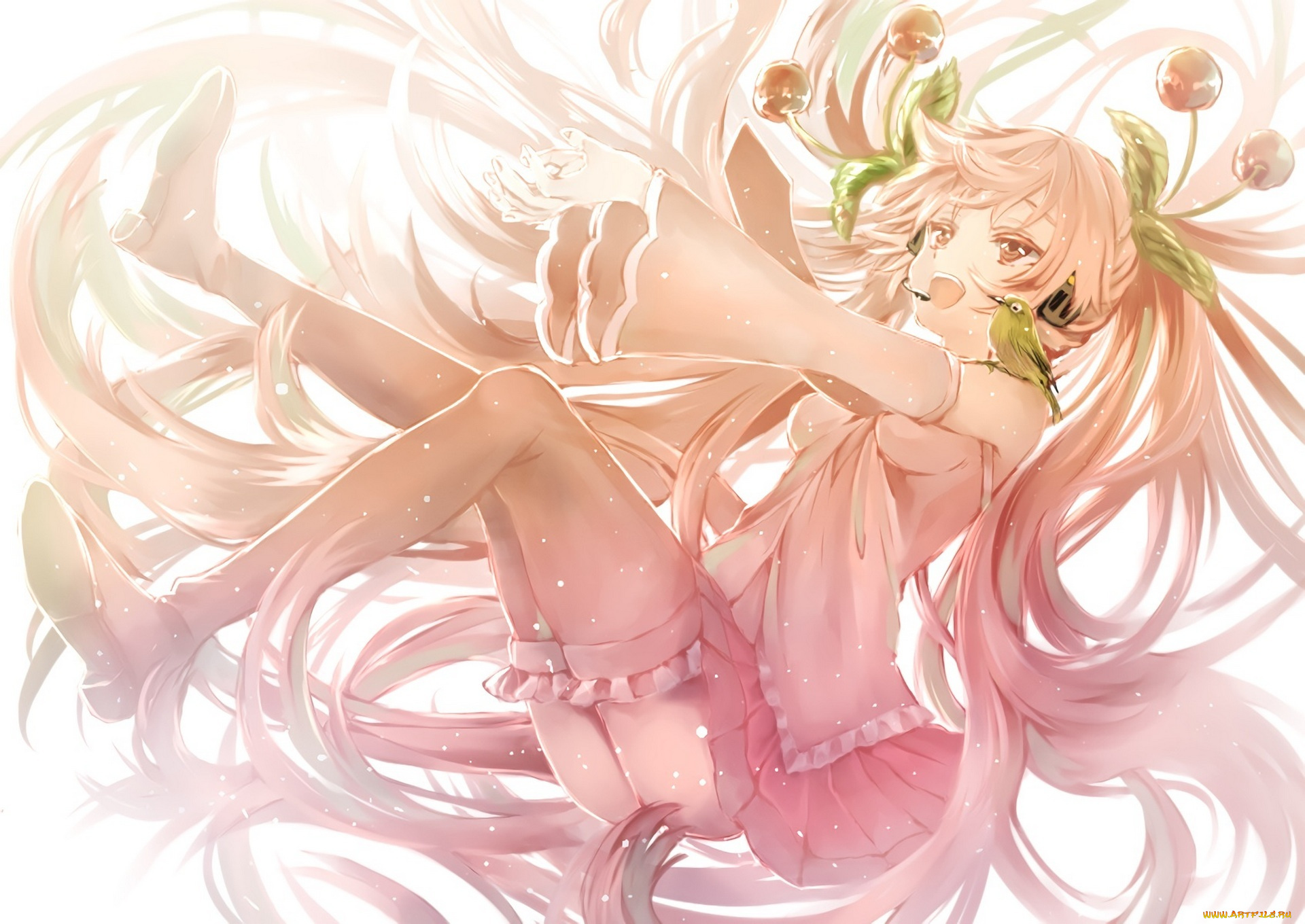 аниме, vocaloid, волосы, микрофон, птичка, наушники, вишенки, девушка, sakura, miku, арт