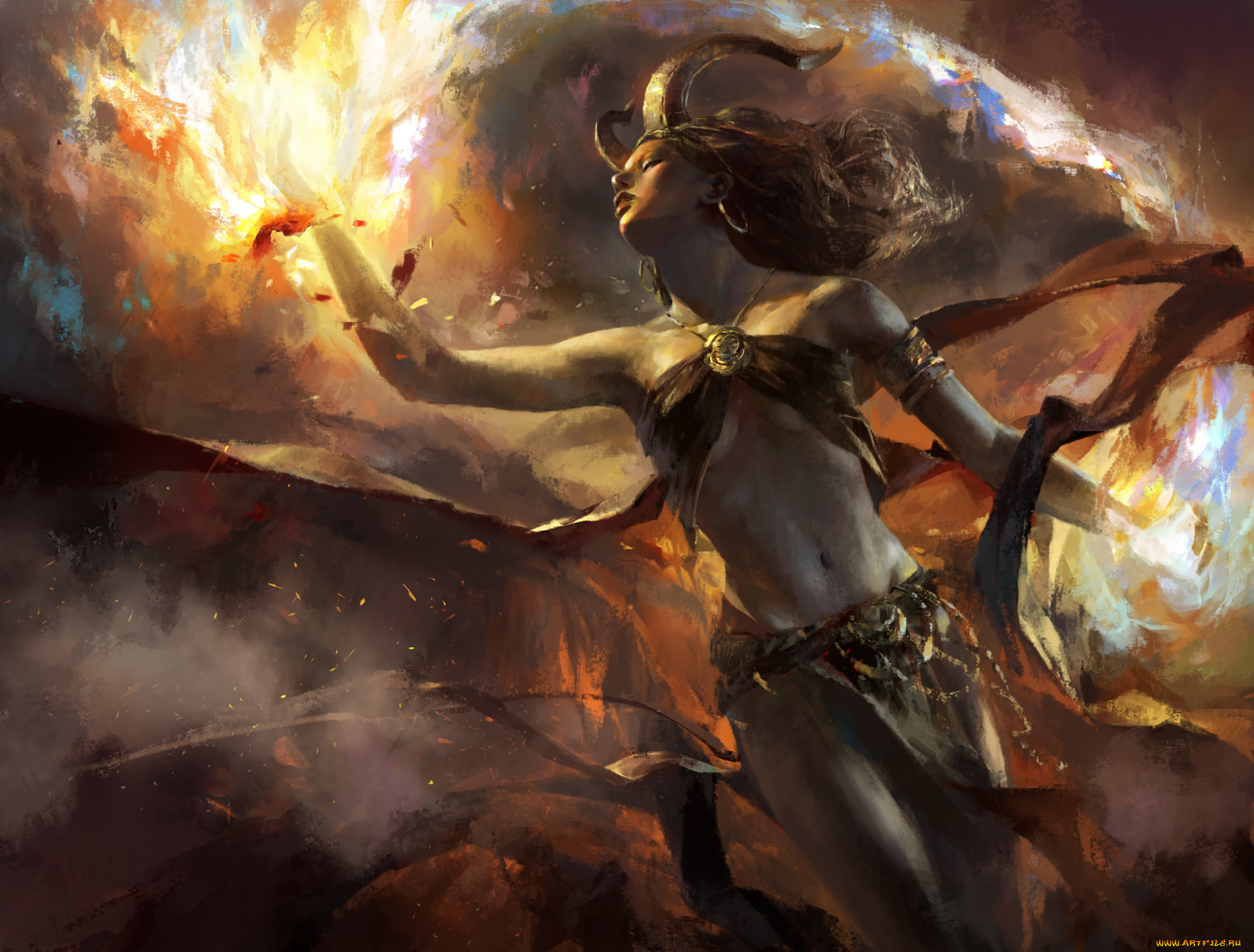 фэнтези, демоны, демонесса, огонь, рога, демоница, арт, фантастика