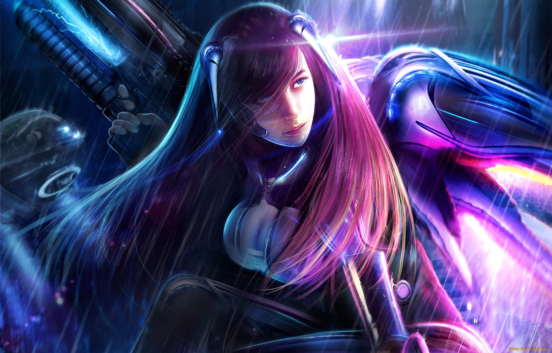 фэнтези, девушки, девушка, оружие, автомат, крылья, дождь