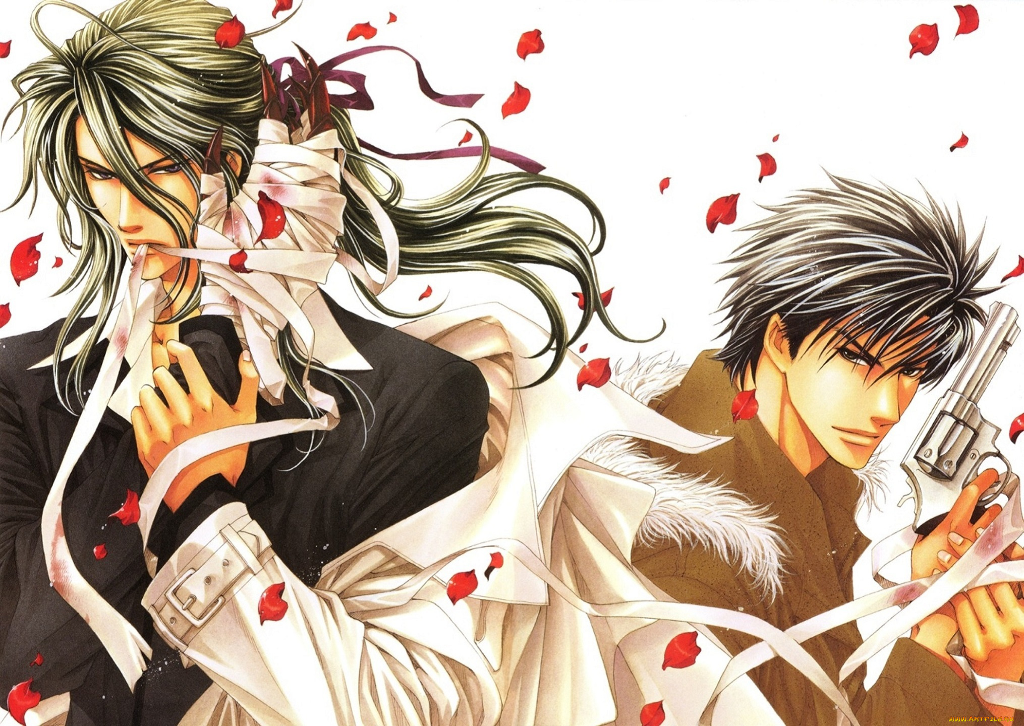 аниме, blood, , лепестки, револьвер, бинты, кровь, плащ, парни, hagi