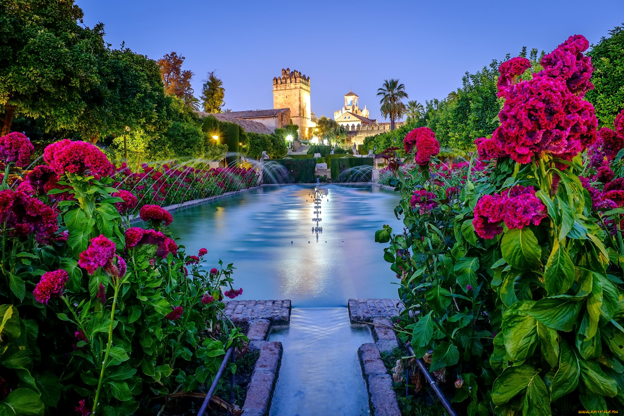 города, -, пейзажи, крепость, испания, андалусия, кордова, цветы, фонтан, сад