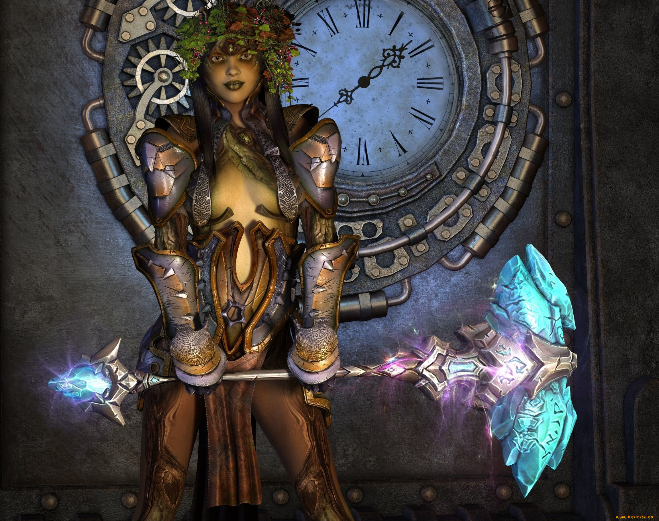 3д, графика, эльфы, , elves, взгляд, эльфийка, часы, фон