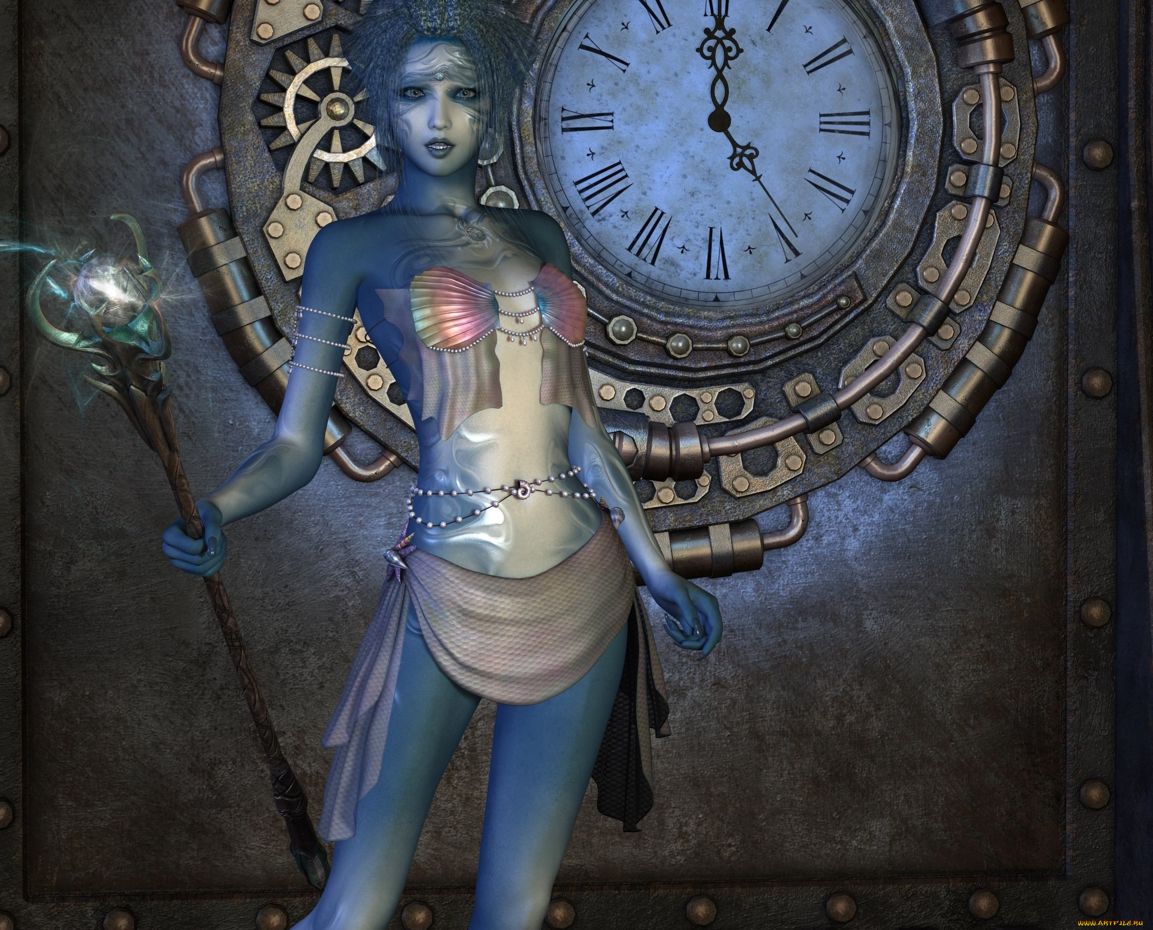 3д, графика, эльфы, , elves, часы, фон, взгляд, эльфийка