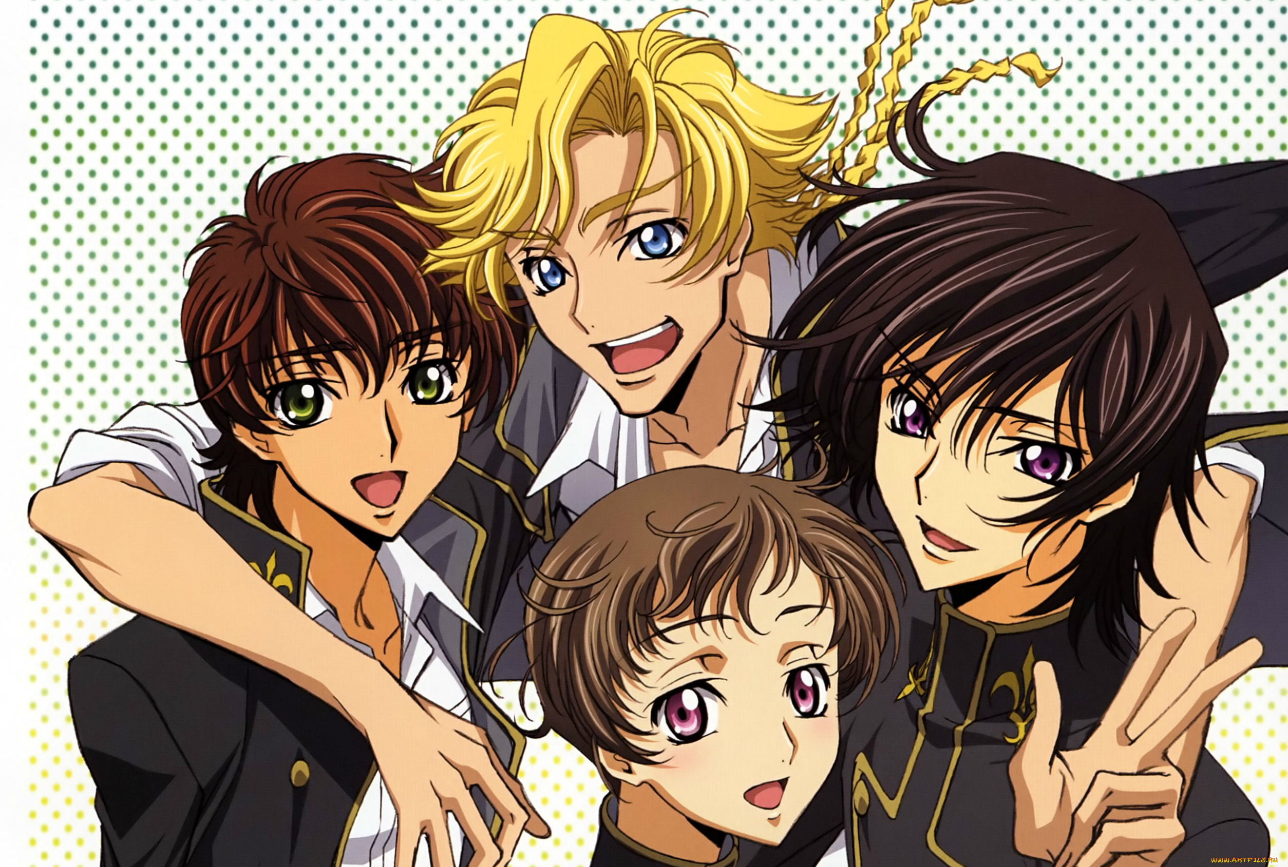 аниме, code, geass, art, takahiro, himura, code, geass, lelouch, lamperouge, suzaku, kururugi, gino, weinberg, rolo, друзья, форма, улыбка, косы