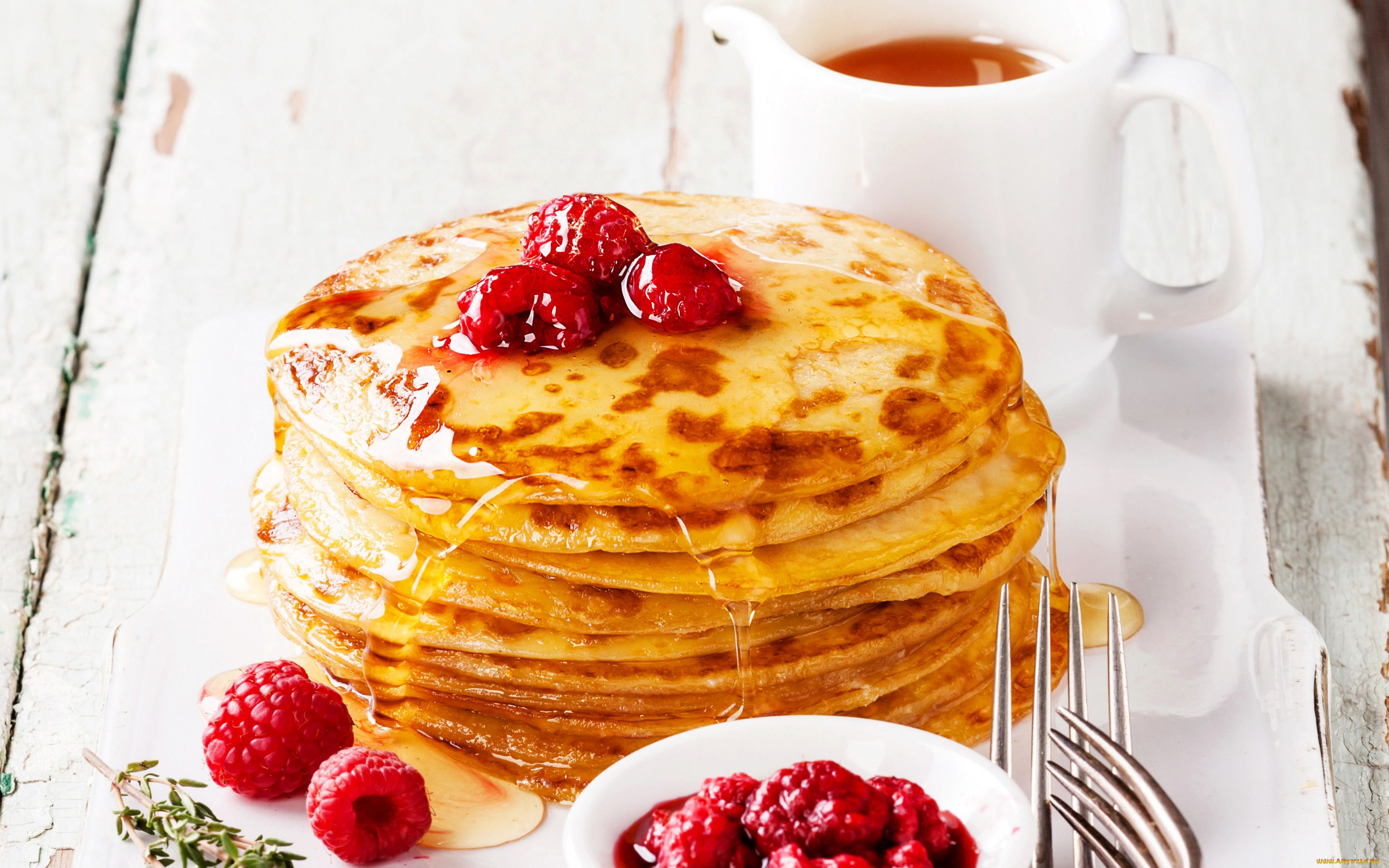 еда, блины, , оладьи, pancake, raspberry, jam, tea, блинчики, варенье, малина, чай