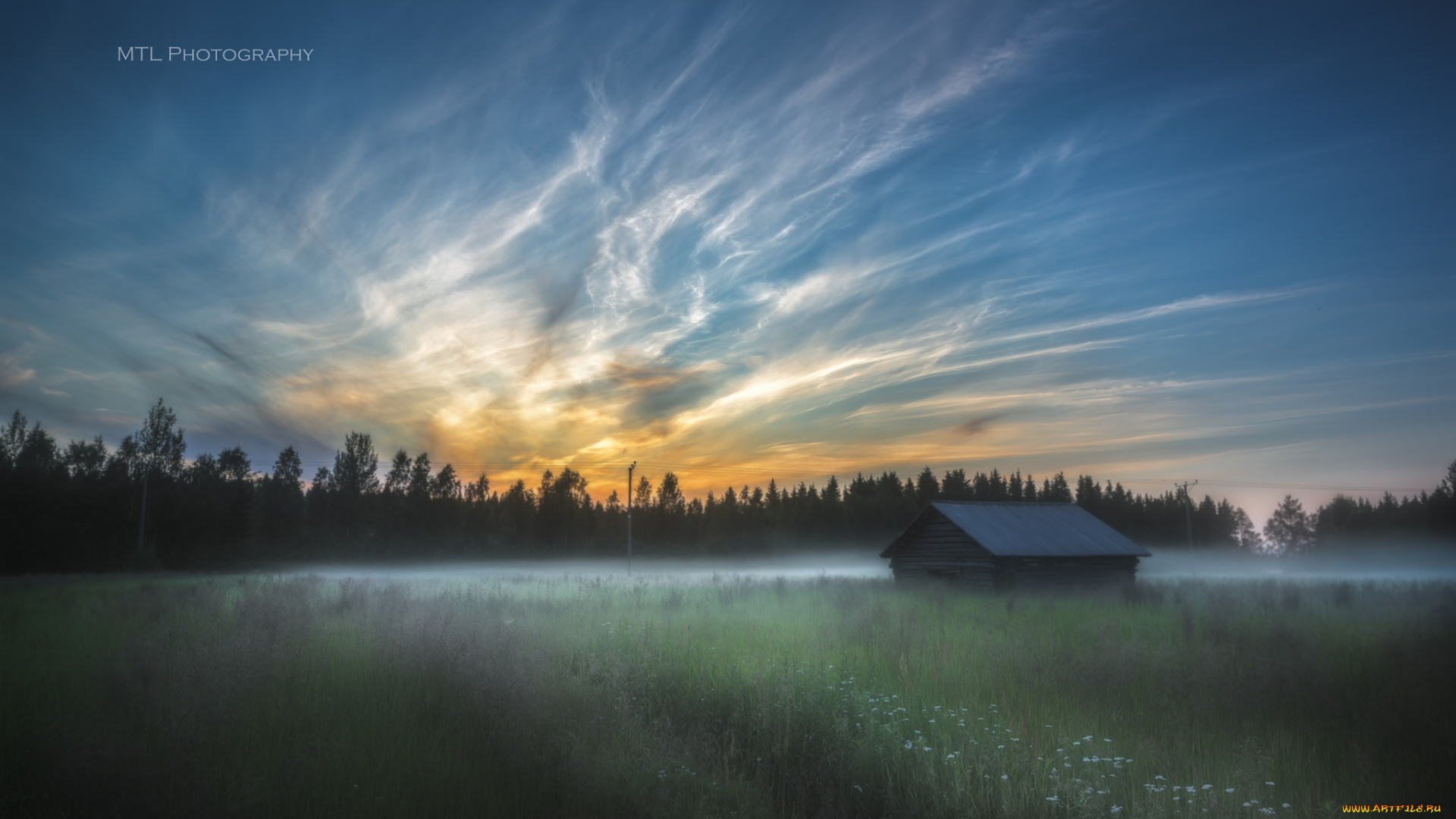 природа, пейзажи, дом, лес, рассвет, луг