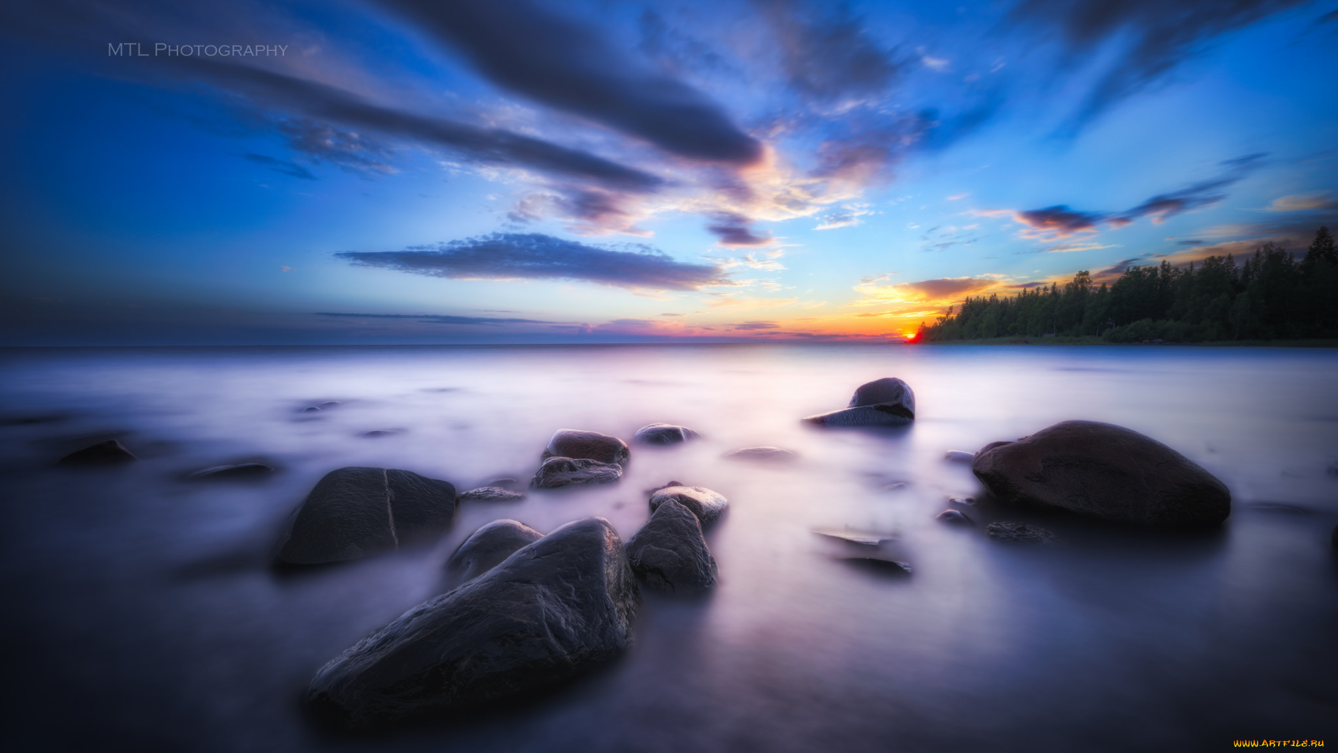 природа, побережье, море, камни, закат