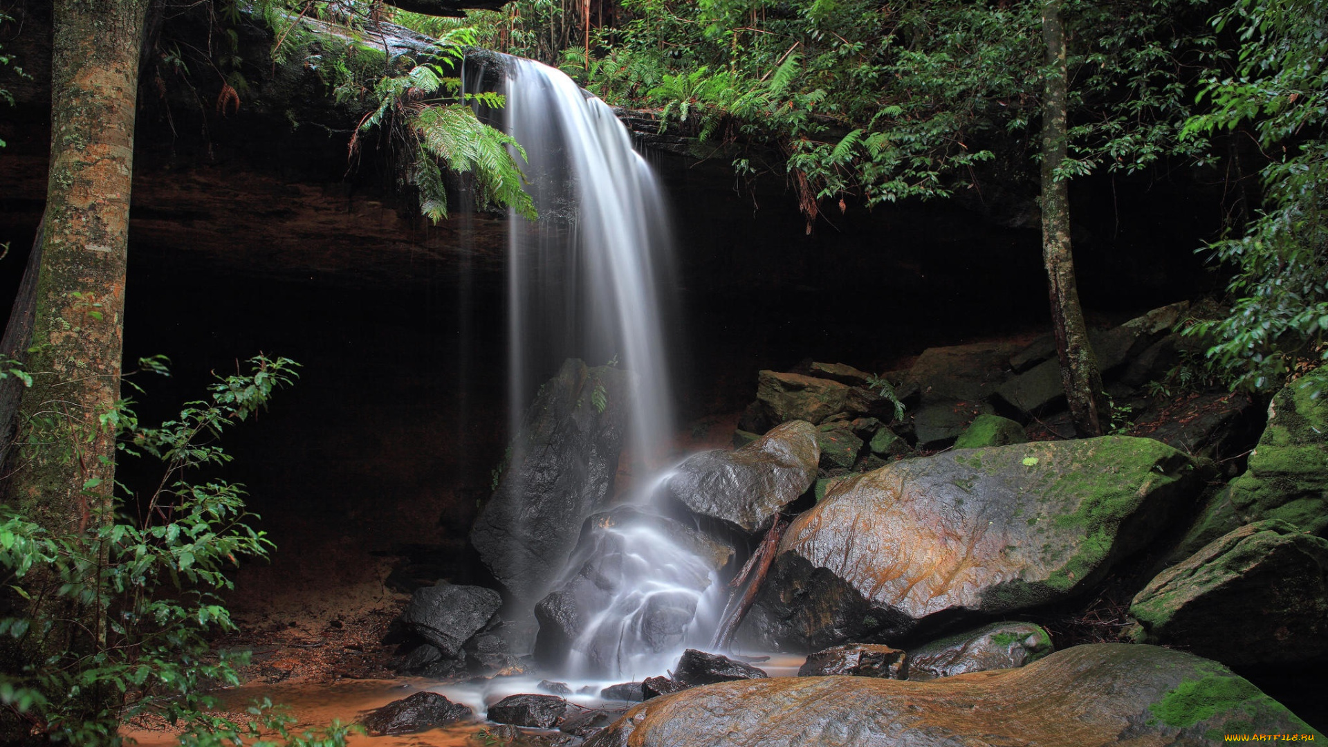 природа, водопады, деревья, скалы, водопад, лес, камни