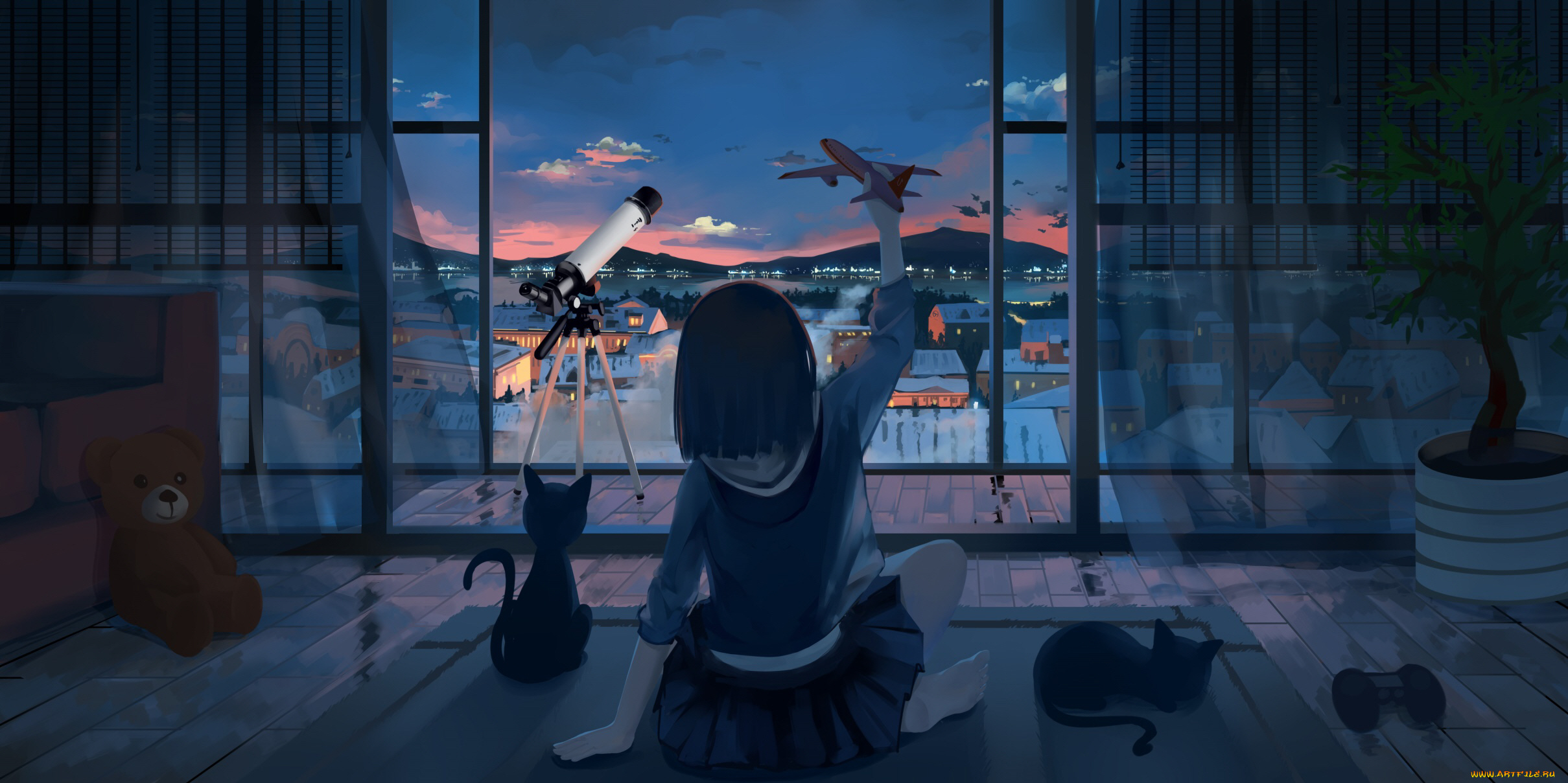 аниме, город, , улицы, , интерьер, , здания, кот, девочка, ночь