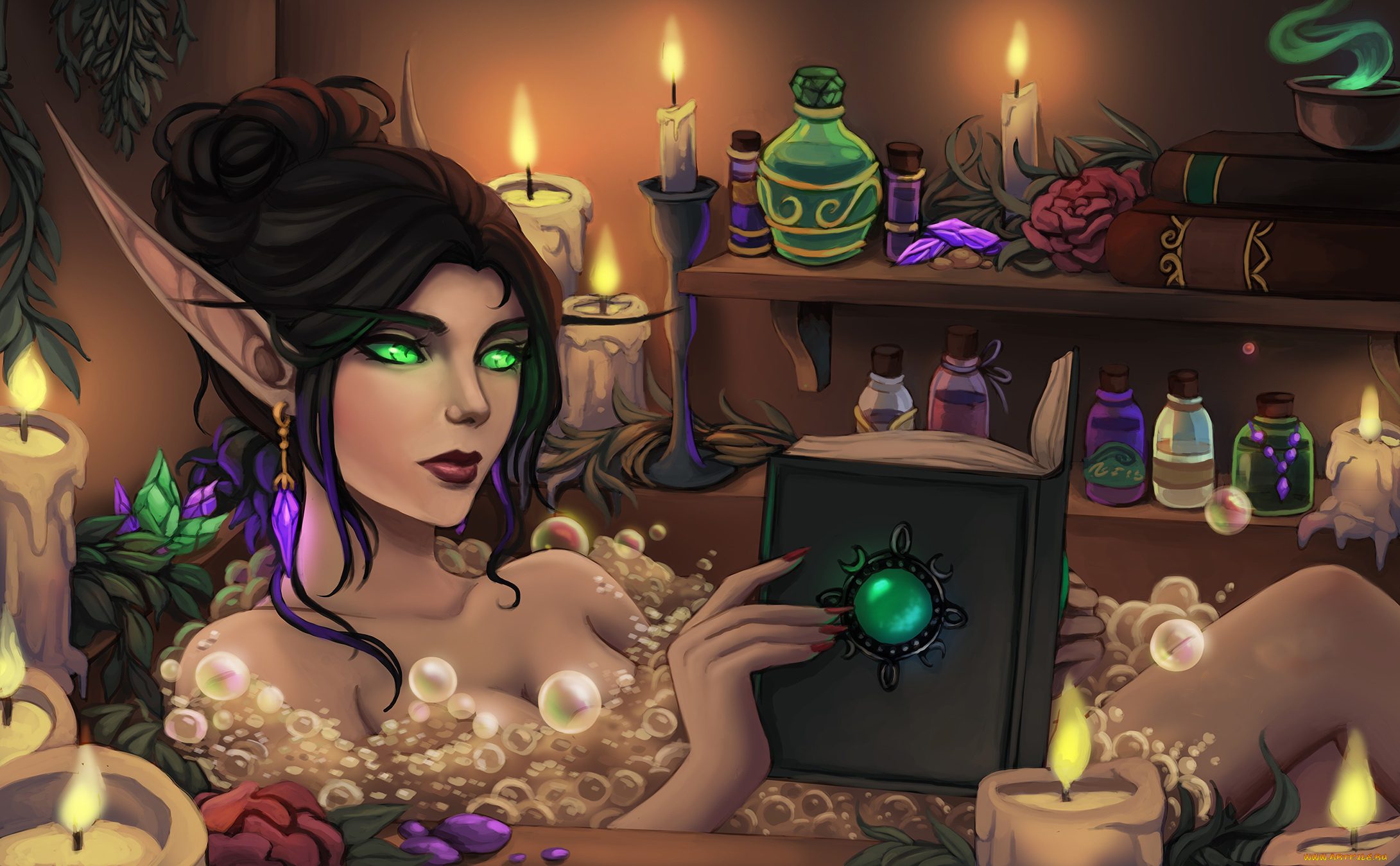 видео, игры, world, of, warcraft, девушка, фон, ванна, пузыри, книга