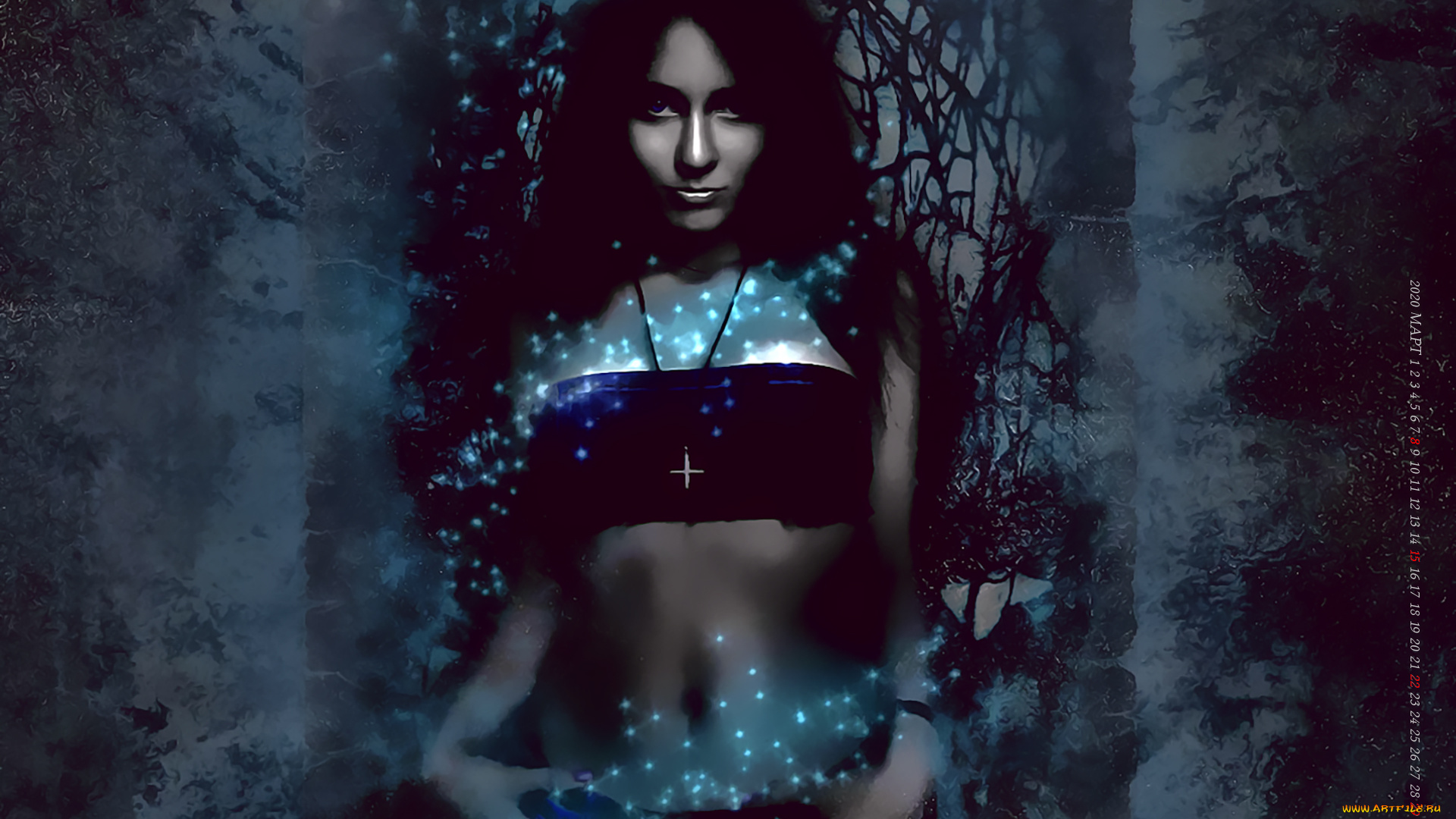 календари, фэнтези, девушка, взгляд, сияние, крест, calendar, 2020