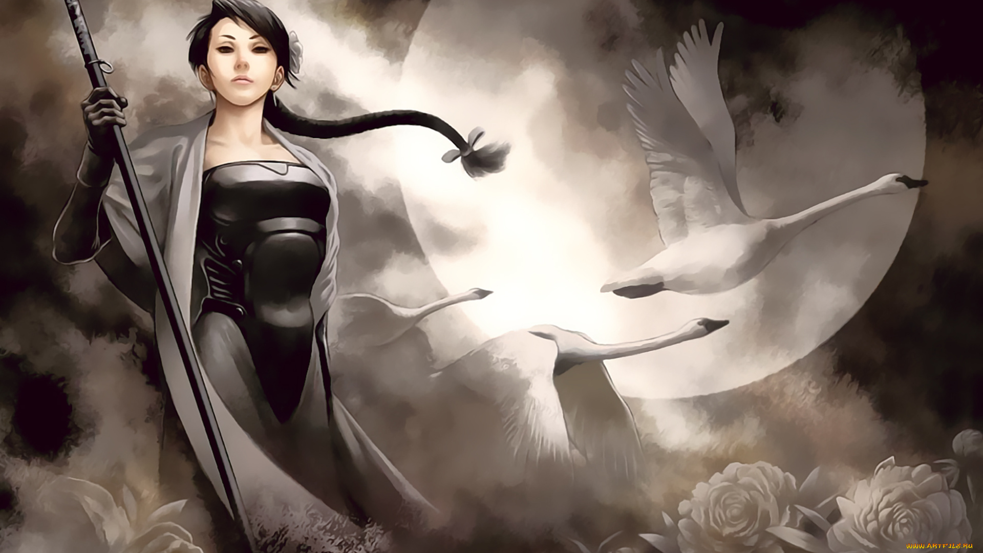 календари, фэнтези, лебедь, луна, цветы, девушка, взгляд, calendar, 2020