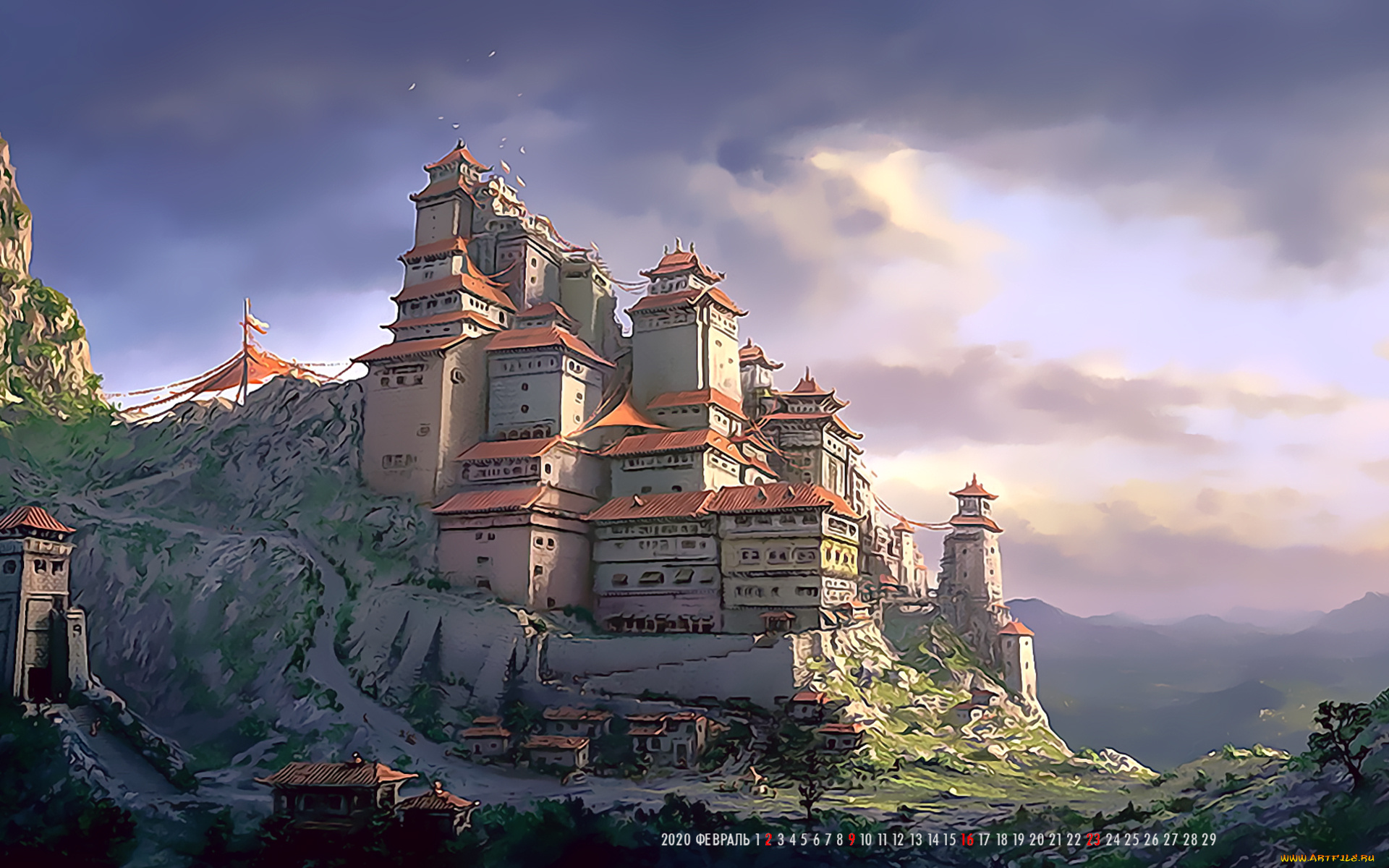 календари, фэнтези, 2020, здание, calendar, каменный, гора, город, дом