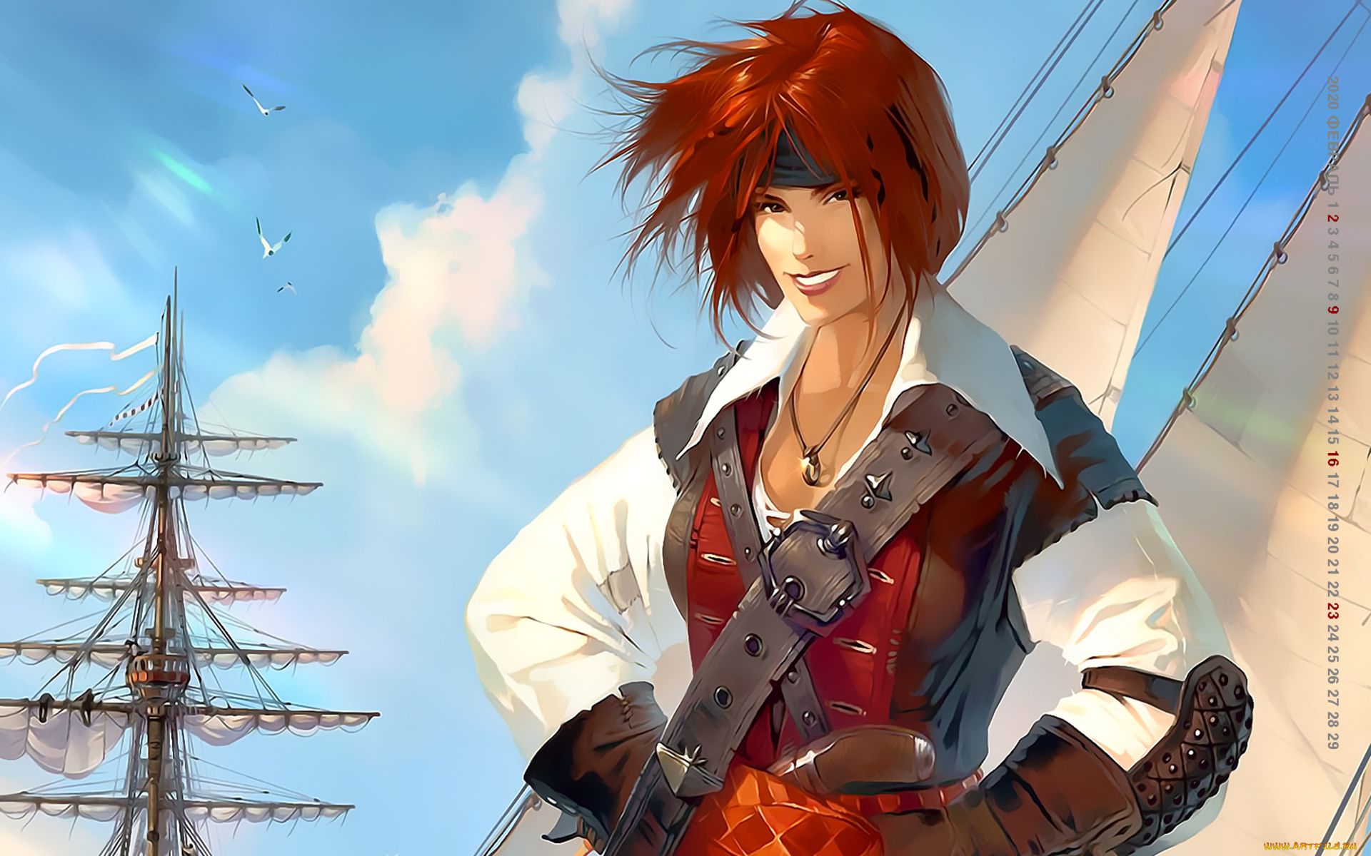 календари, фэнтези, девушка, парусник, взгляд, женщина, улыбка, парус, calendar, 2020