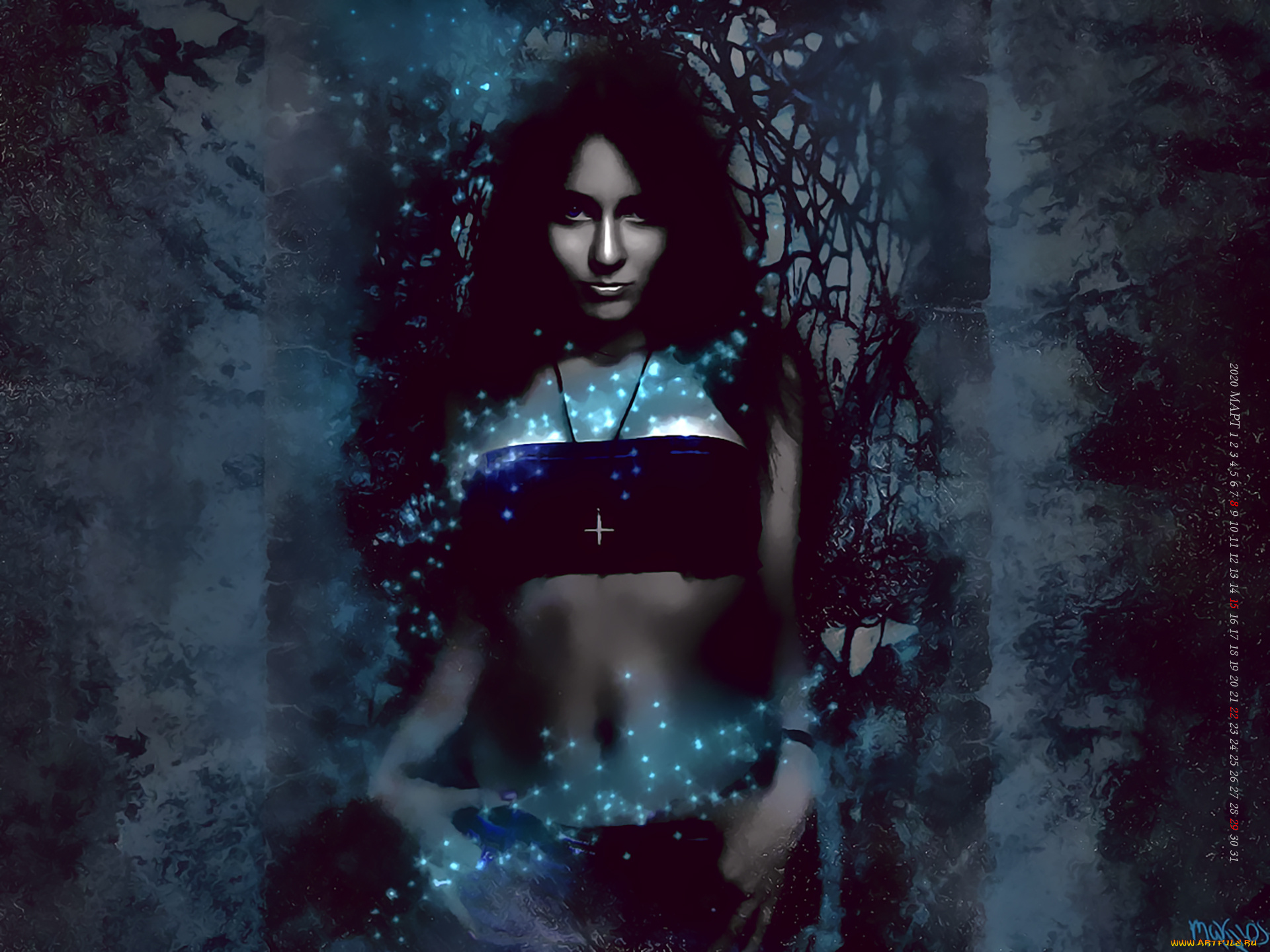 календари, фэнтези, девушка, взгляд, сияние, крест, calendar, 2020