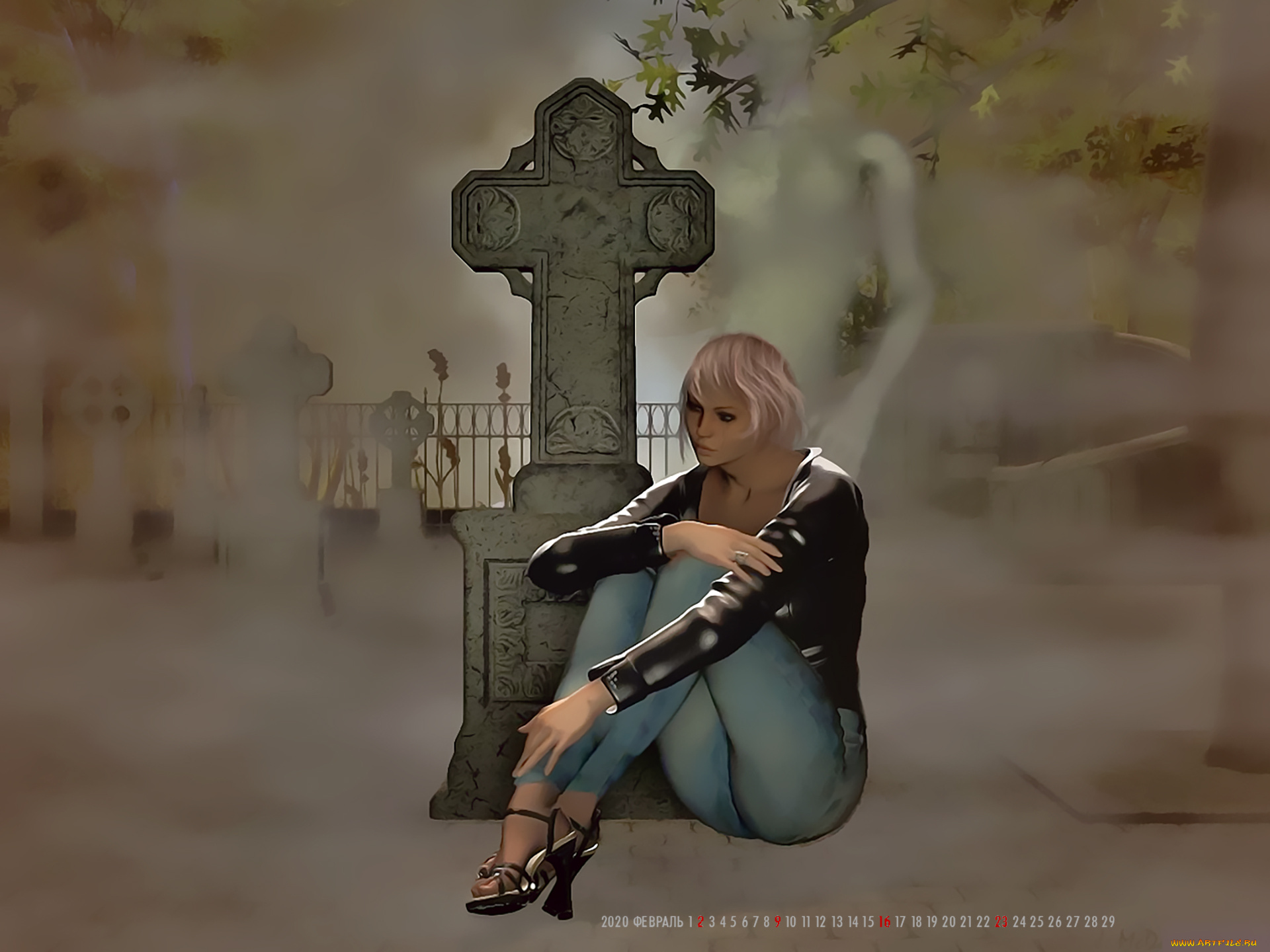 календари, фэнтези, крест, кладбище, девушка, calendar, 2020