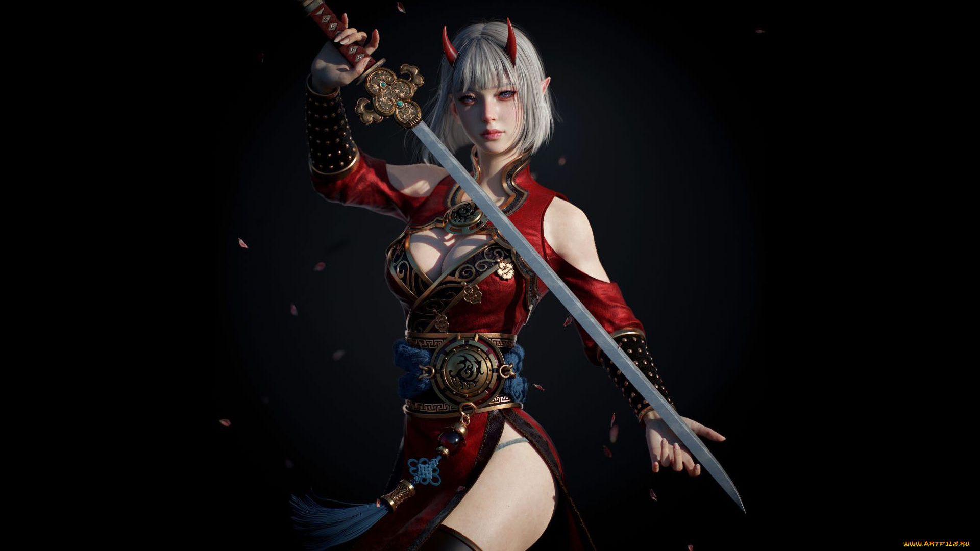 фэнтези, демоны, девушка, рога, меч