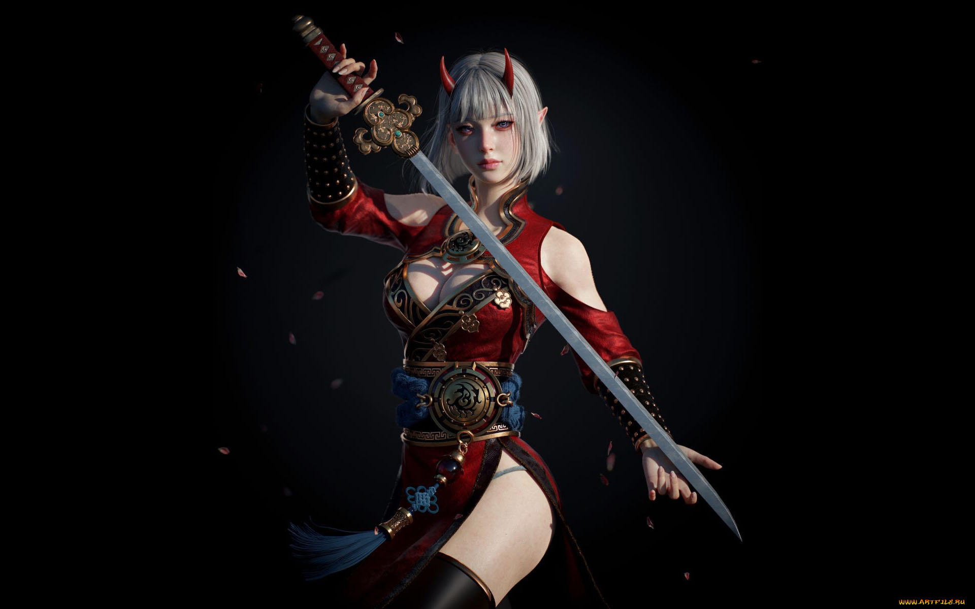 фэнтези, демоны, девушка, рога, меч