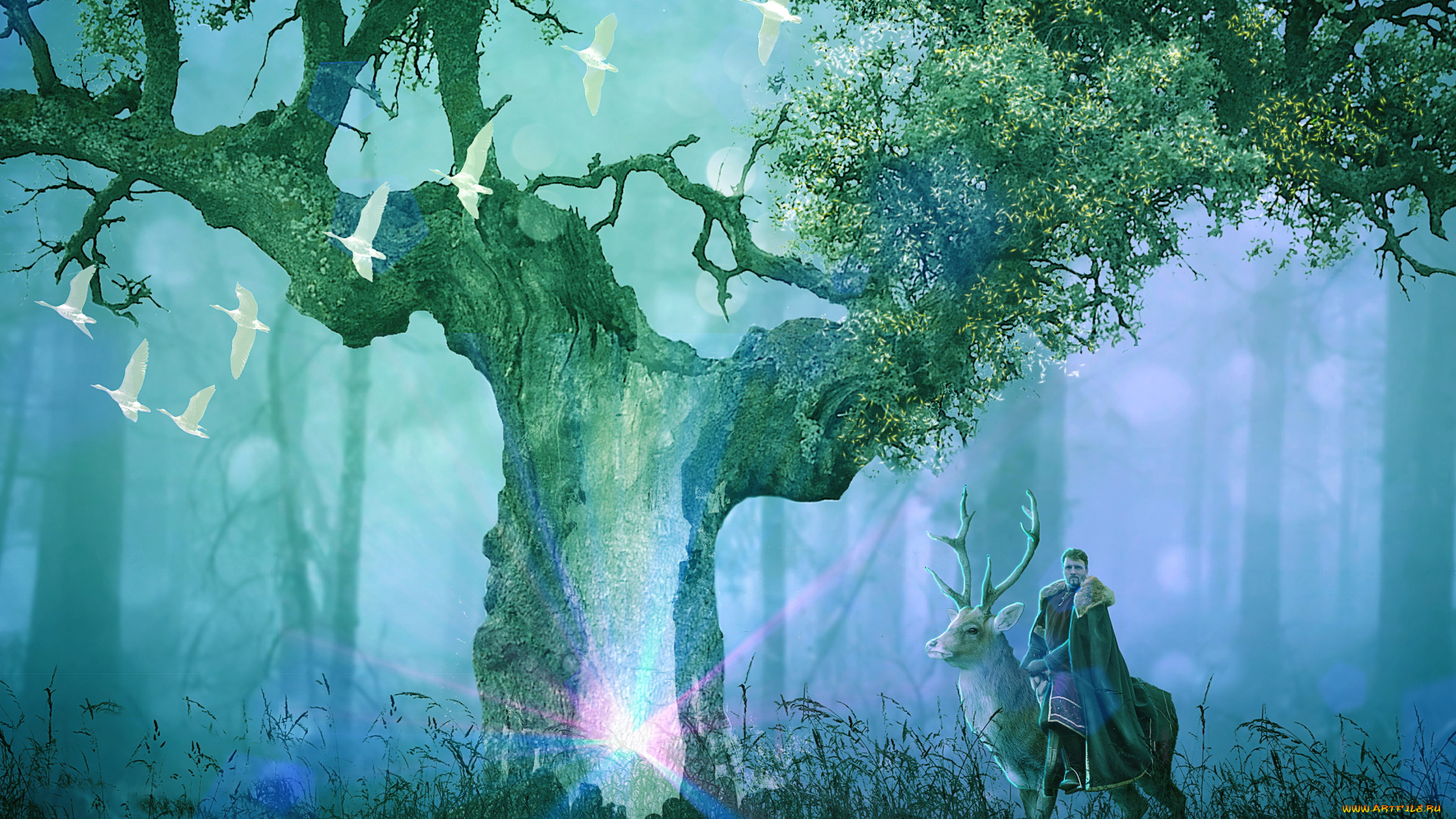 разное, компьютерный, дизайн, мужчина, олень, дерево, лебеди