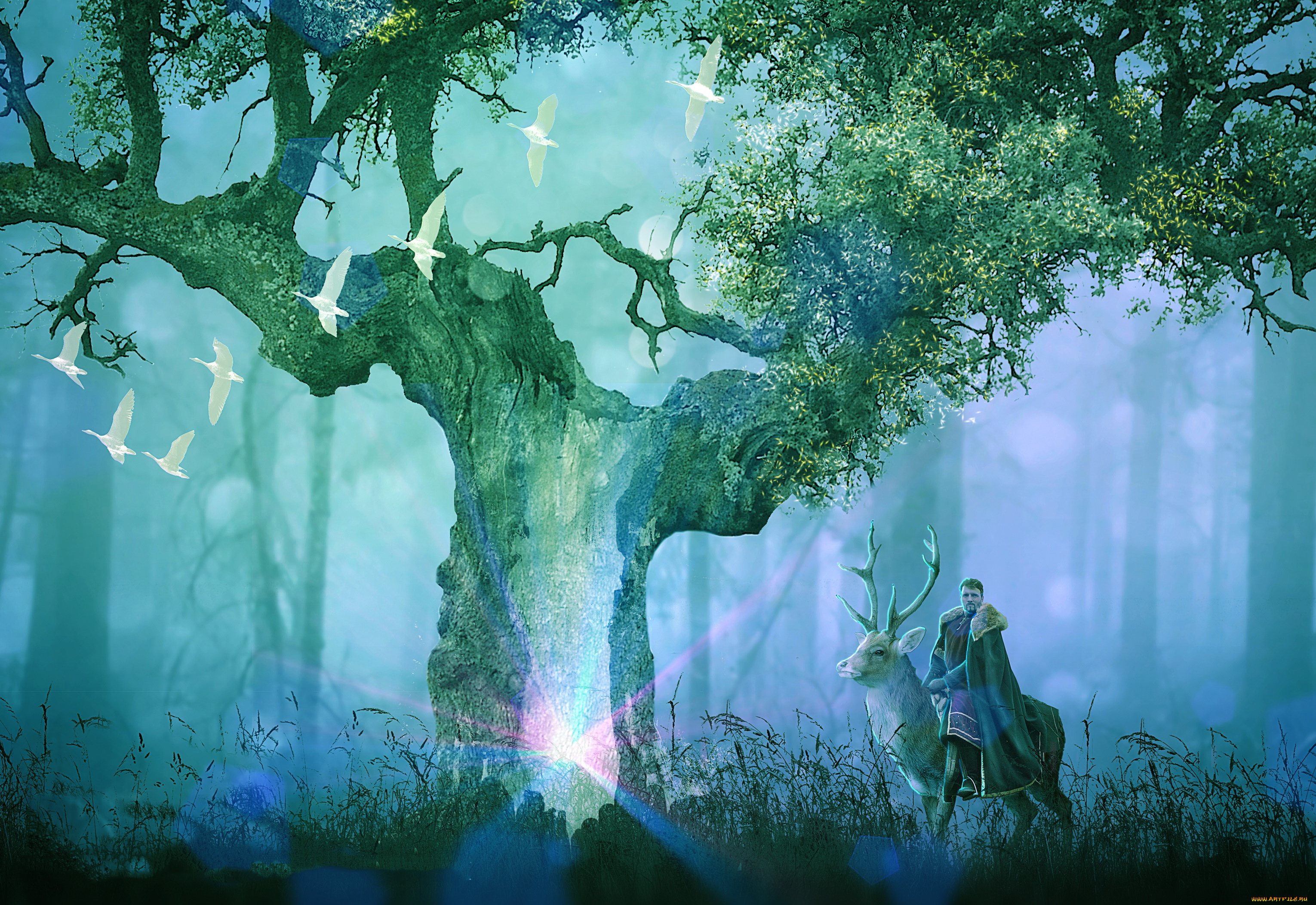 разное, компьютерный, дизайн, мужчина, олень, дерево, лебеди