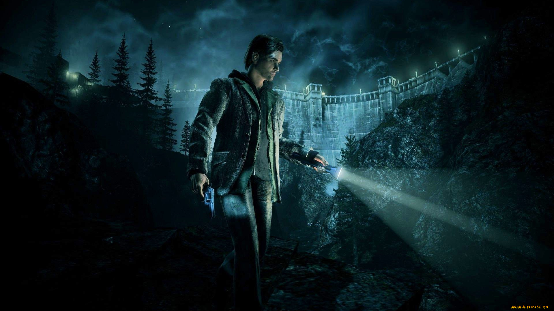 видео, игры, alan, wake, мужчина, фонарь, оружие, здание, лес