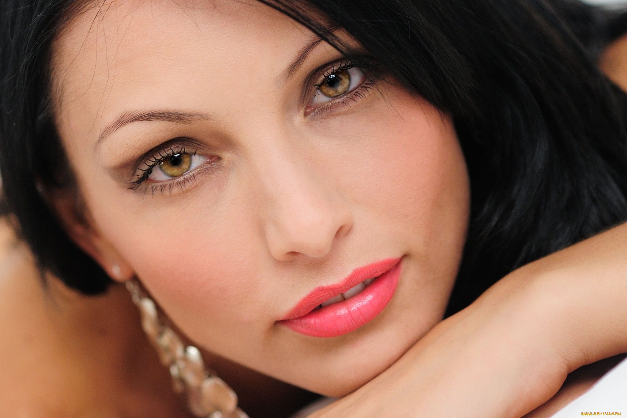 девушки, -, лица, , портреты, розовая, помада, взгляд