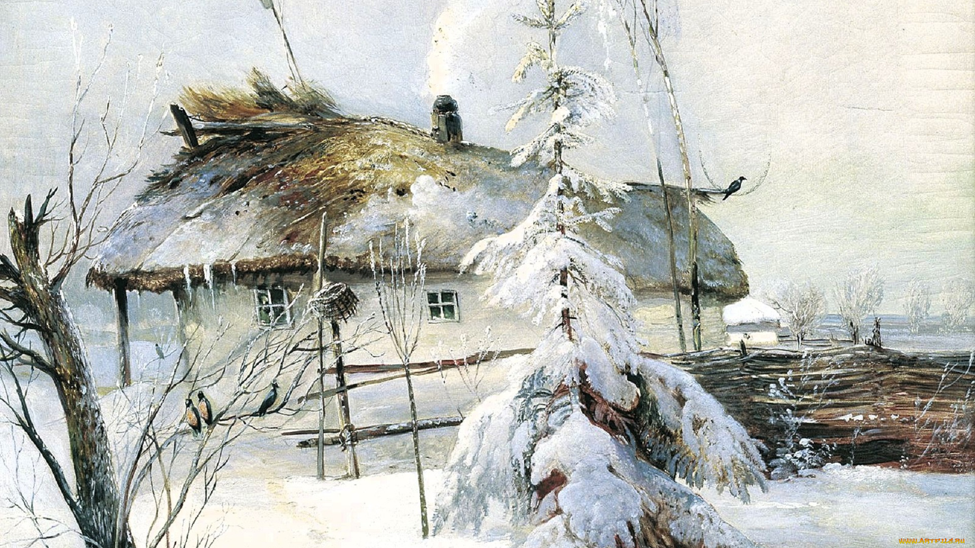 алексей, саврасов, рисованное, изба, деревья, забор, снег, зима