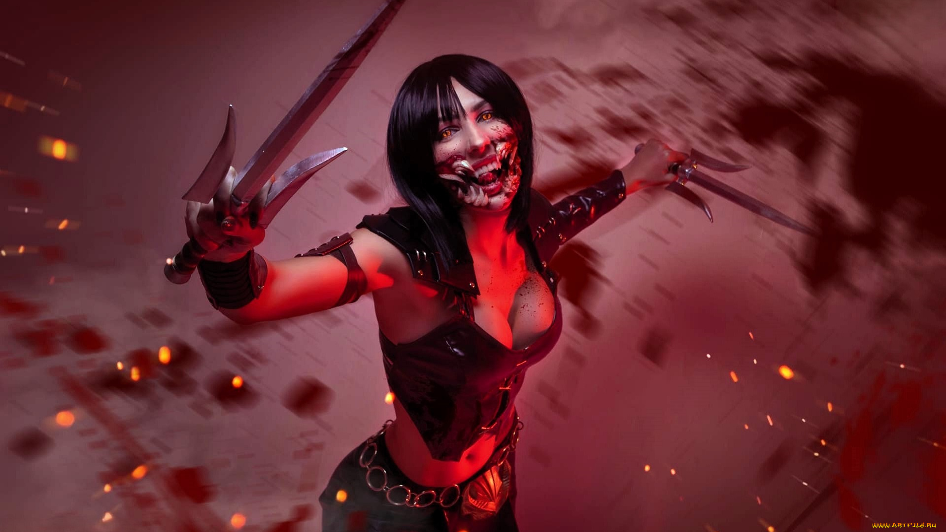девушки, ladybell, образ, косплей, клыки, наряд, оружие, кровь