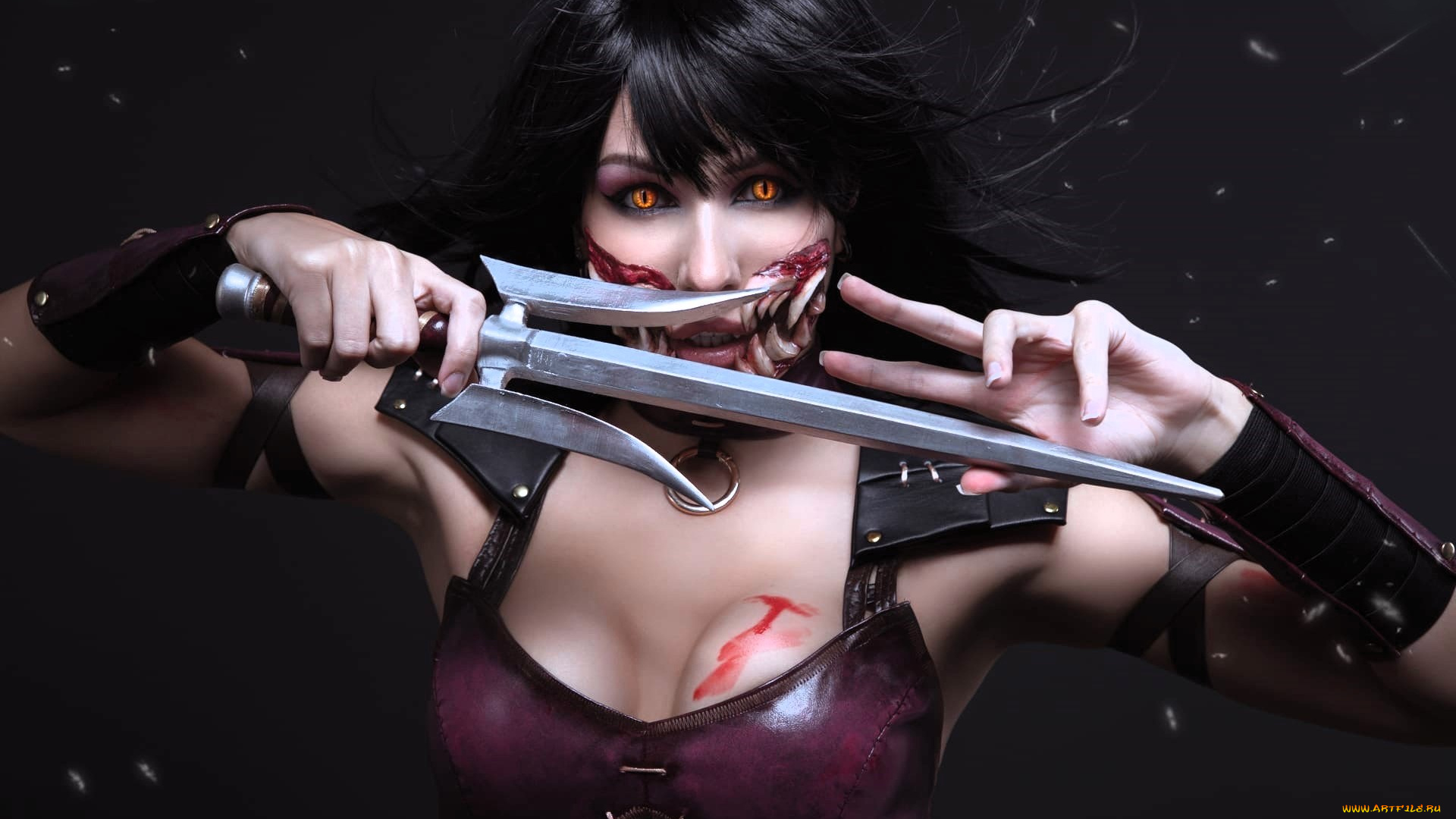 девушки, ladybell, образ, косплей, клыки, наряд, оружие, кровь