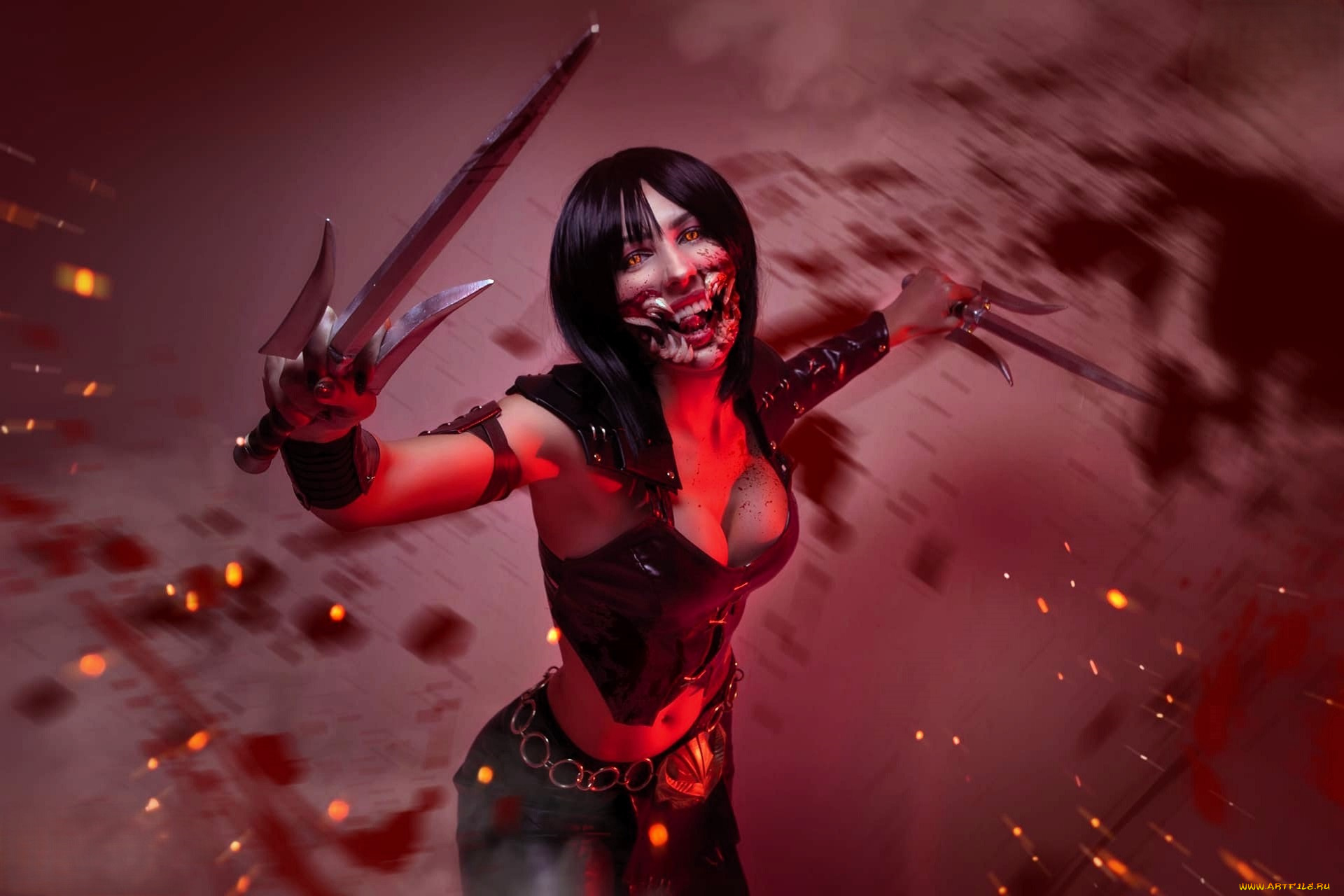 девушки, ladybell, образ, косплей, клыки, наряд, оружие, кровь
