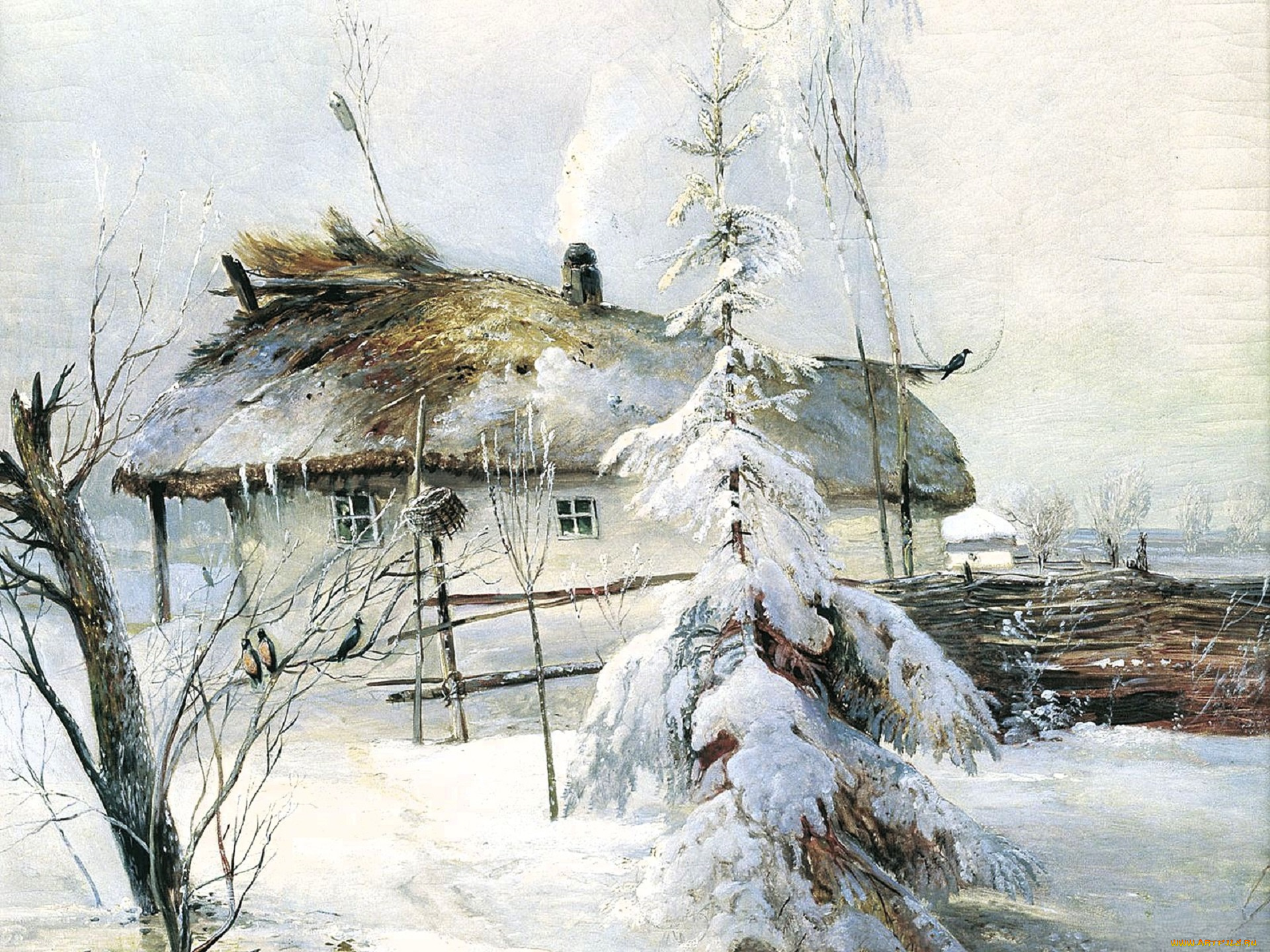 алексей, саврасов, рисованное, изба, деревья, забор, снег, зима