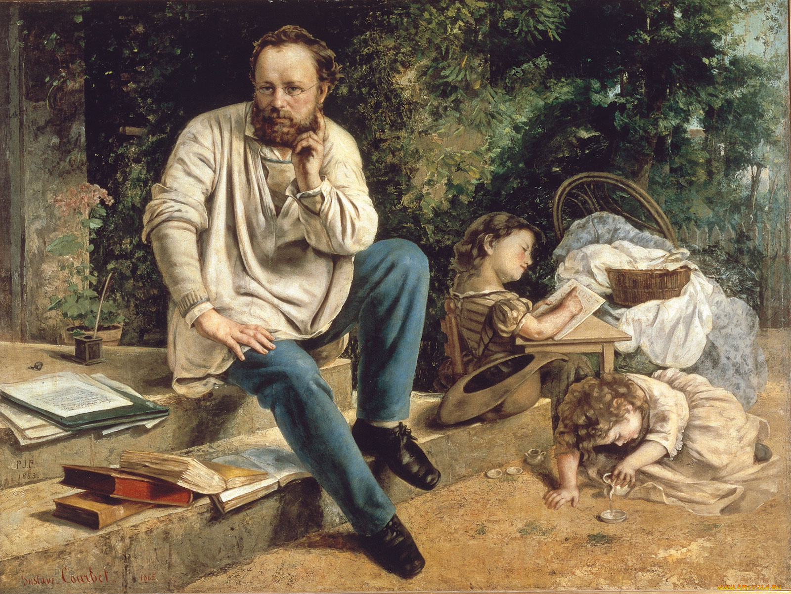 pierre, joseph, proudhon, and, his, children, рисованные, gustave, courbet, шляпа, книги, ступеньки, девочка