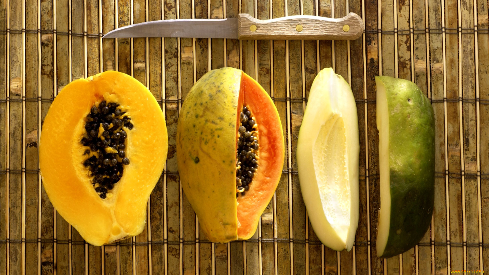 еда, папайя, нож, плоды, разрез